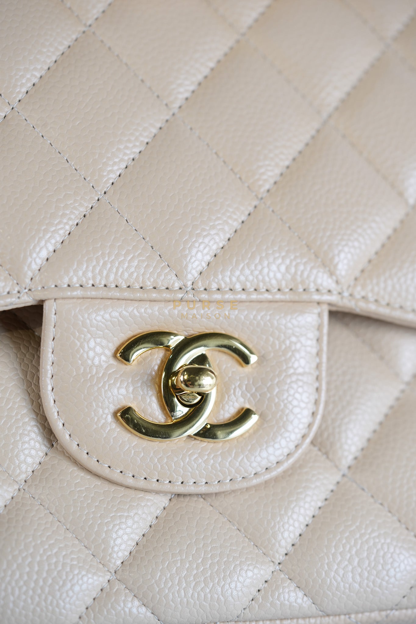 Classic Double Flap Jumbo in Beige Quilted Caviar Leather & Gold Hardware Series 23 | Purse Maison Luxury Bags Shop