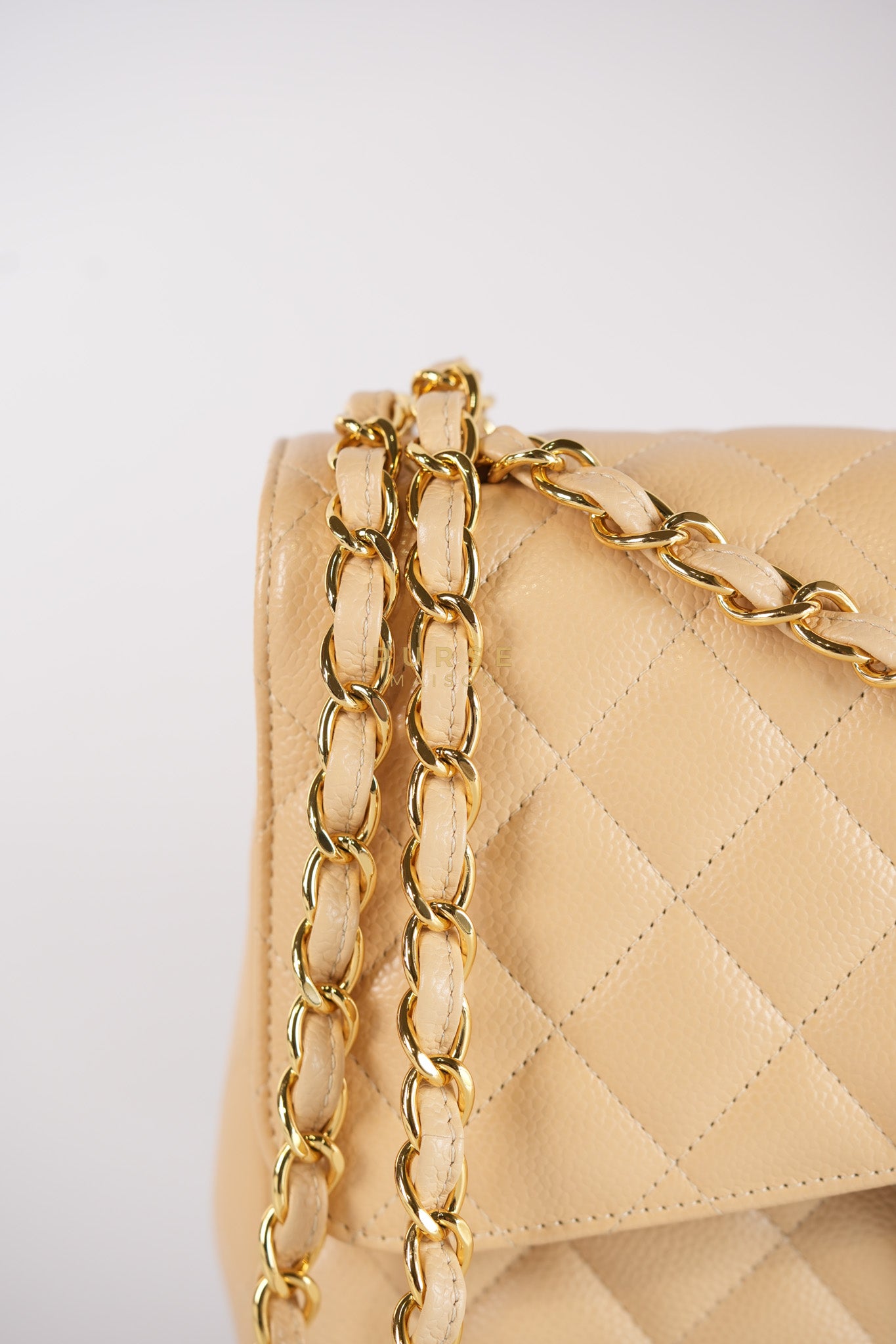 Classic Double Flap Jumbo in Beige Quilted Caviar Leather & Gold Hardware Series 23 | Purse Maison Luxury Bags Shop