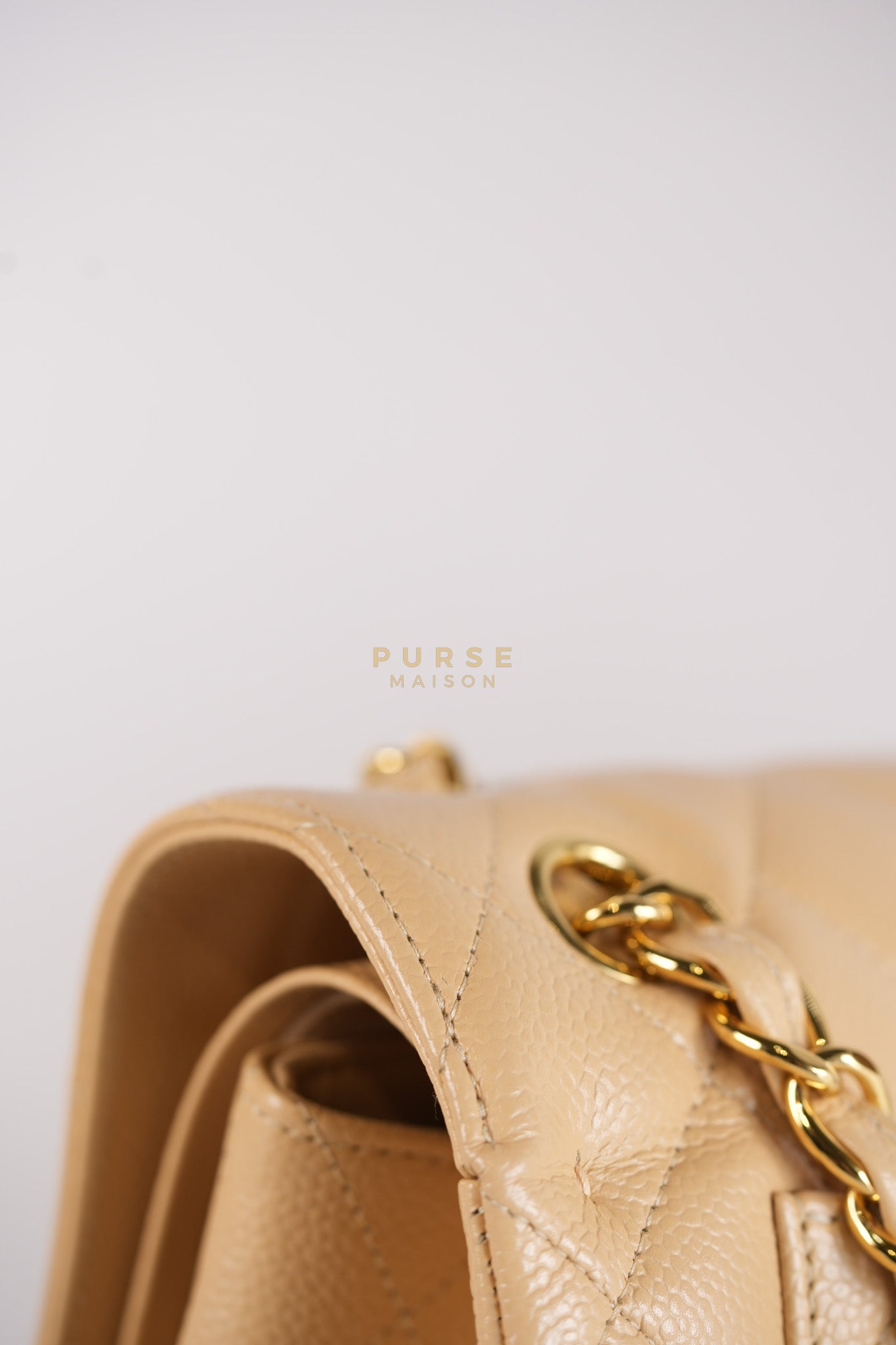 Classic Double Flap Jumbo in Beige Quilted Caviar Leather & Gold Hardware Series 23 | Purse Maison Luxury Bags Shop