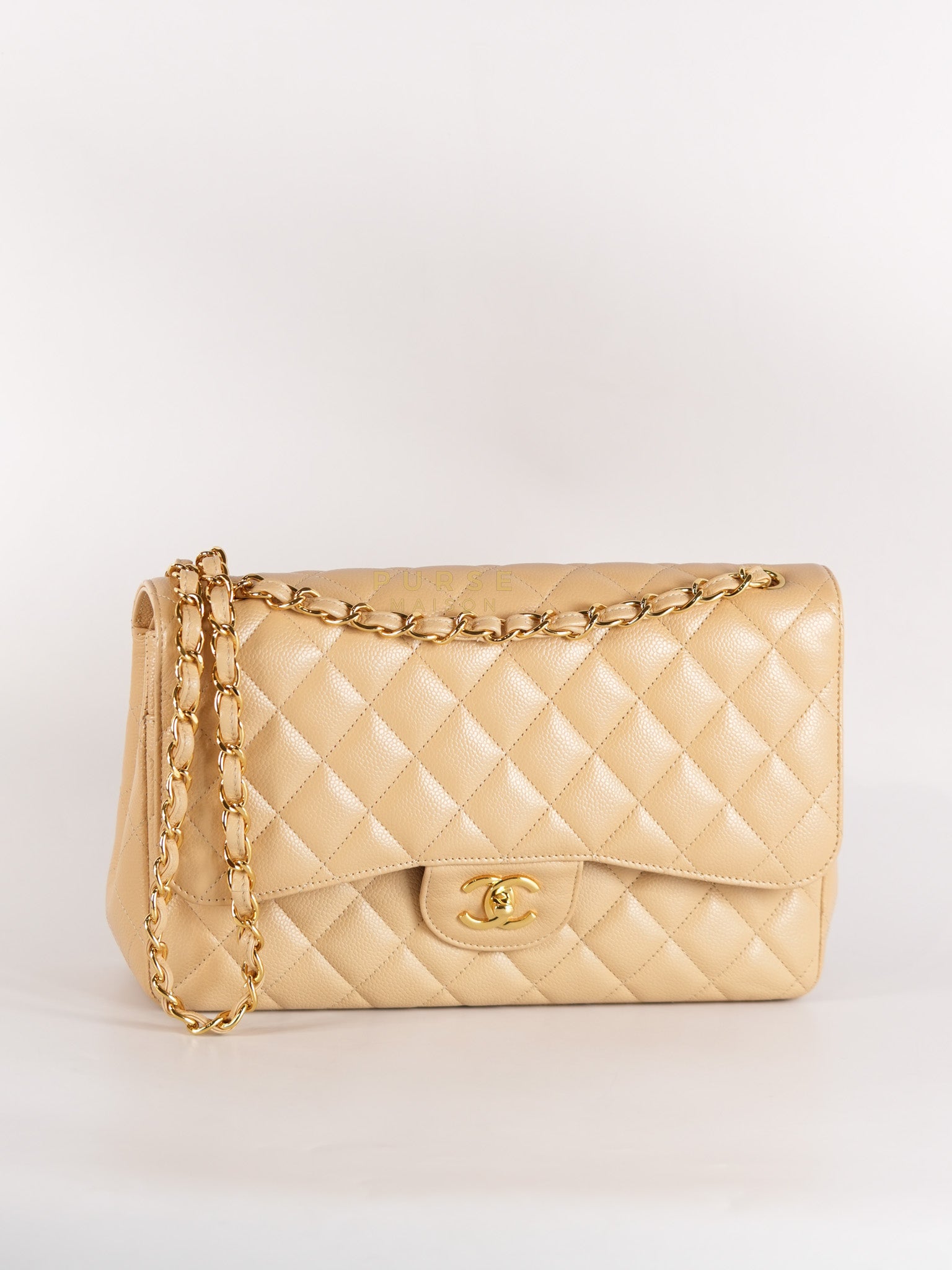 Classic Double Flap Jumbo in Beige Quilted Caviar Leather & Gold Hardware Series 23 | Purse Maison Luxury Bags Shop