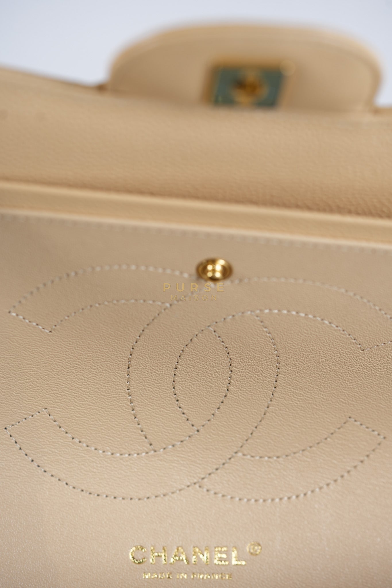 Classic Double Flap Jumbo in Beige Quilted Caviar Leather & Gold Hardware Series 23 | Purse Maison Luxury Bags Shop