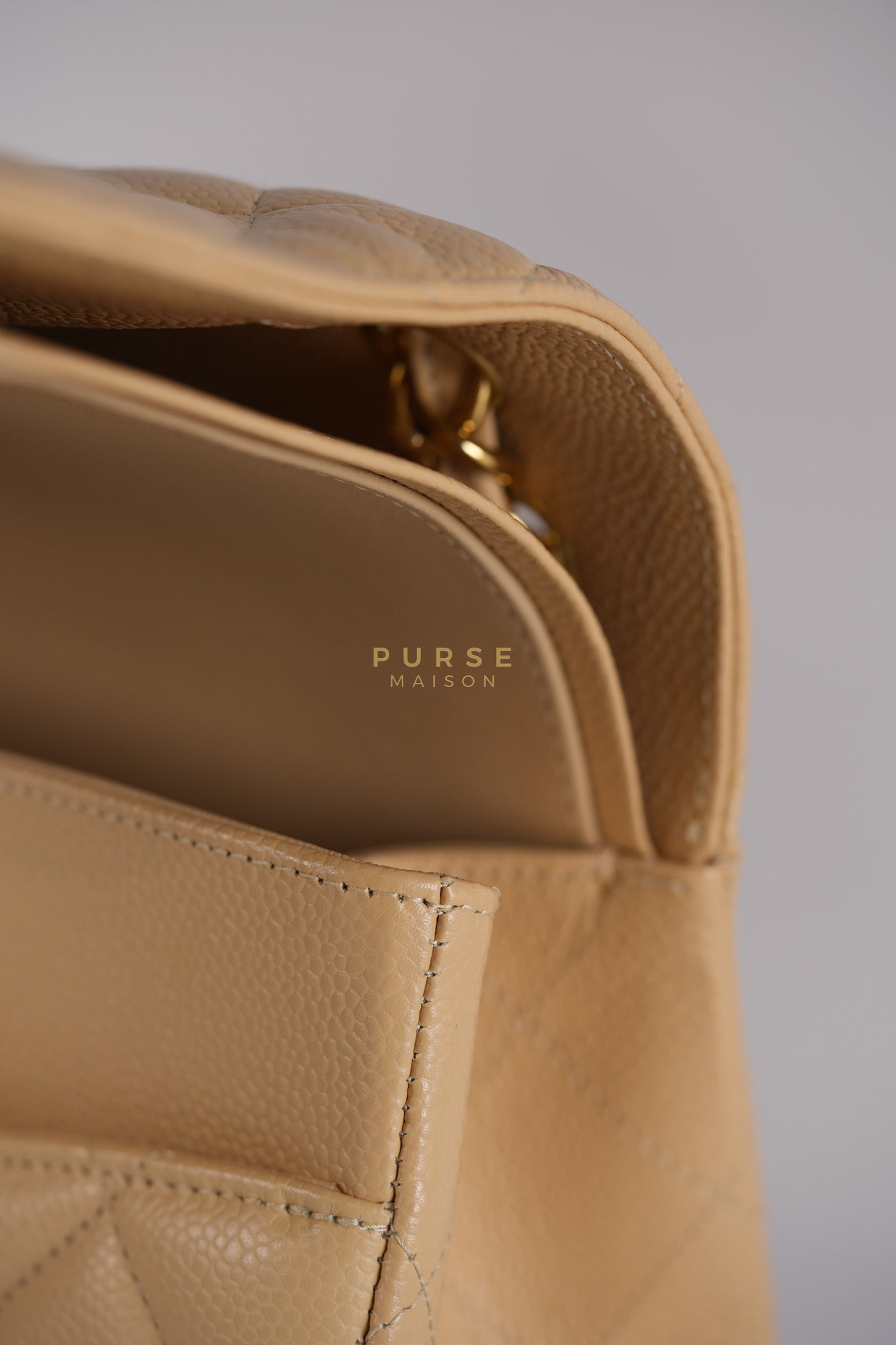 Classic Double Flap Jumbo in Beige Quilted Caviar Leather & Gold Hardware Series 23 | Purse Maison Luxury Bags Shop