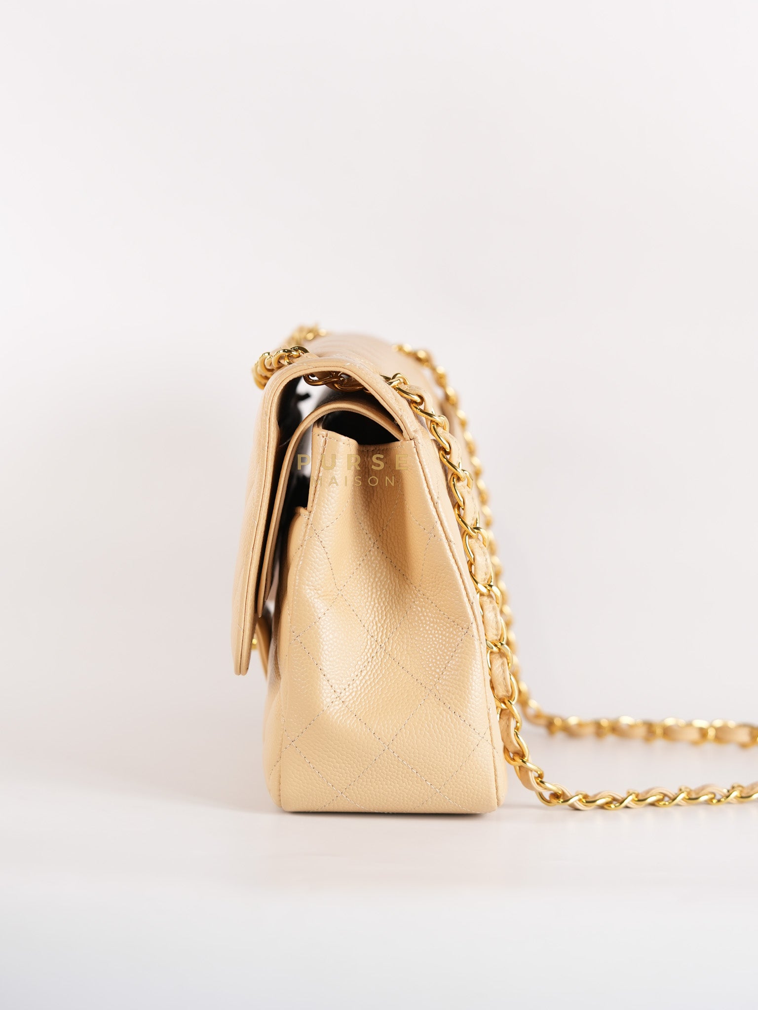 Classic Double Flap Jumbo in Beige Quilted Caviar Leather & Gold Hardware Series 23 | Purse Maison Luxury Bags Shop