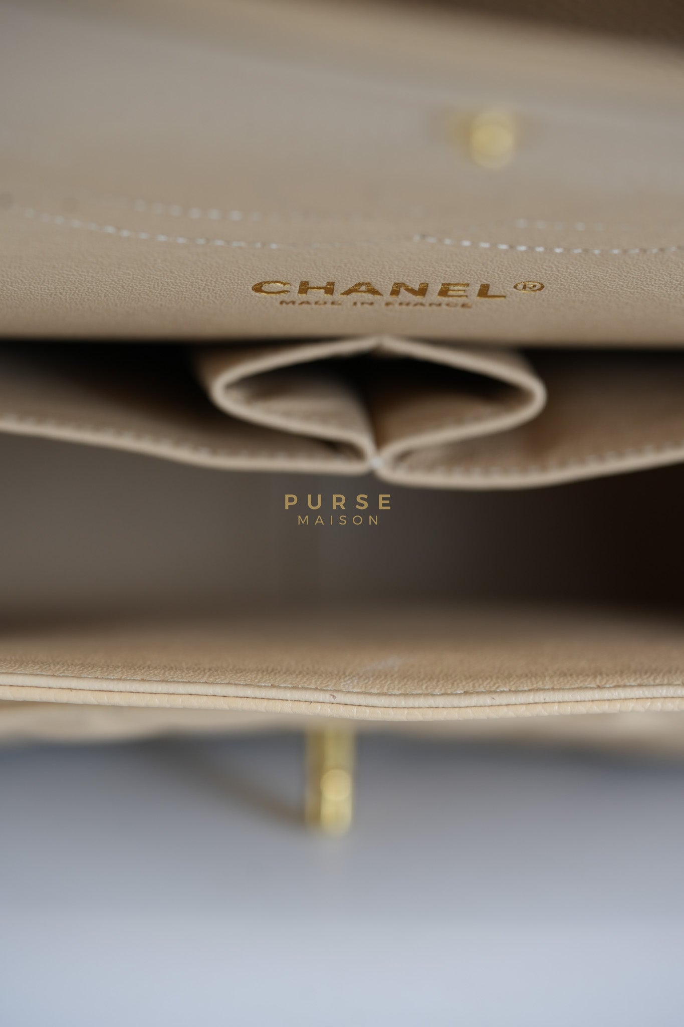 Classic Double Flap Jumbo in Beige Quilted Caviar Leather & Gold Hardware Series 23 | Purse Maison Luxury Bags Shop