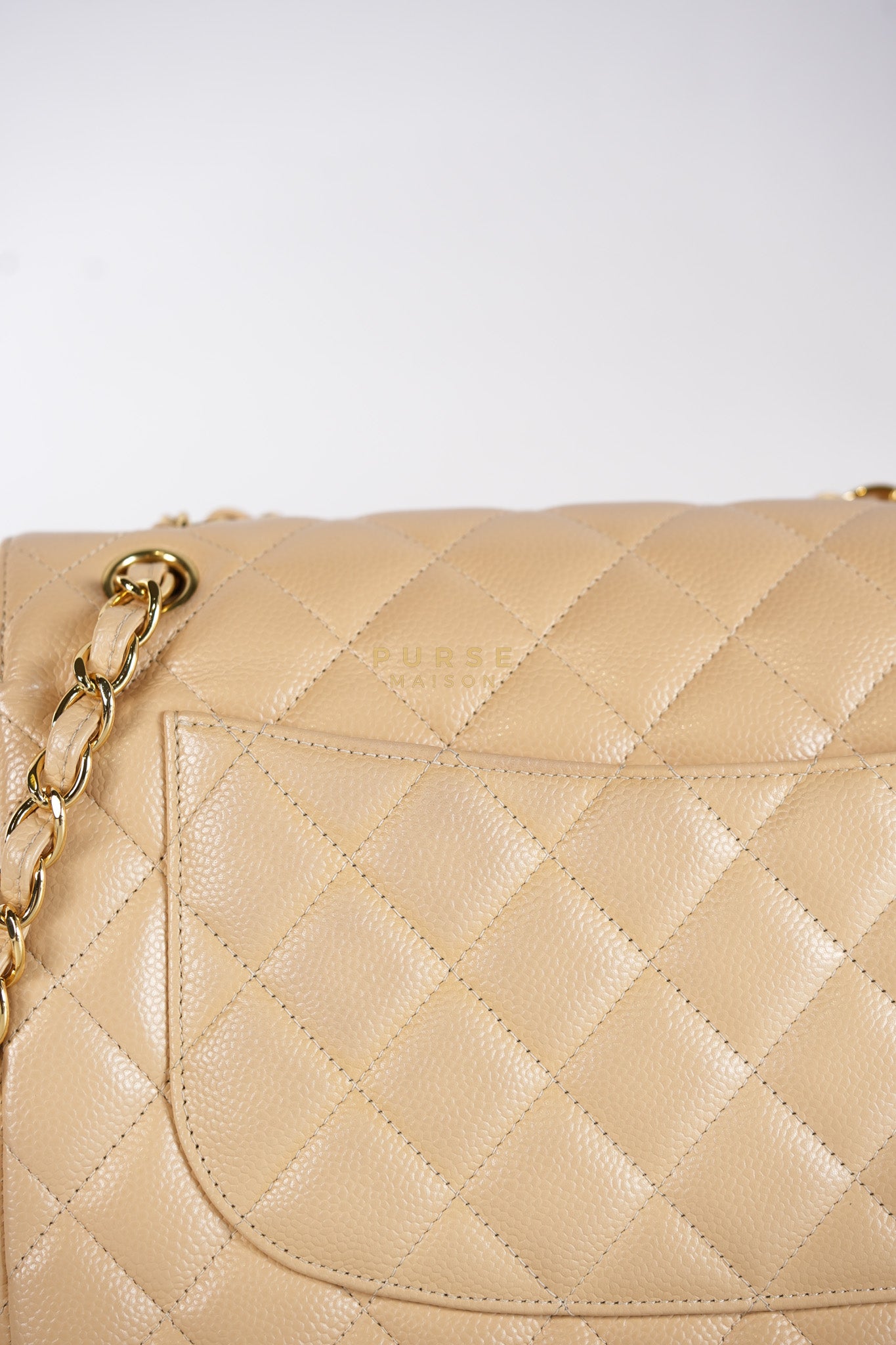 Classic Double Flap Jumbo in Beige Quilted Caviar Leather & Gold Hardware Series 23 | Purse Maison Luxury Bags Shop