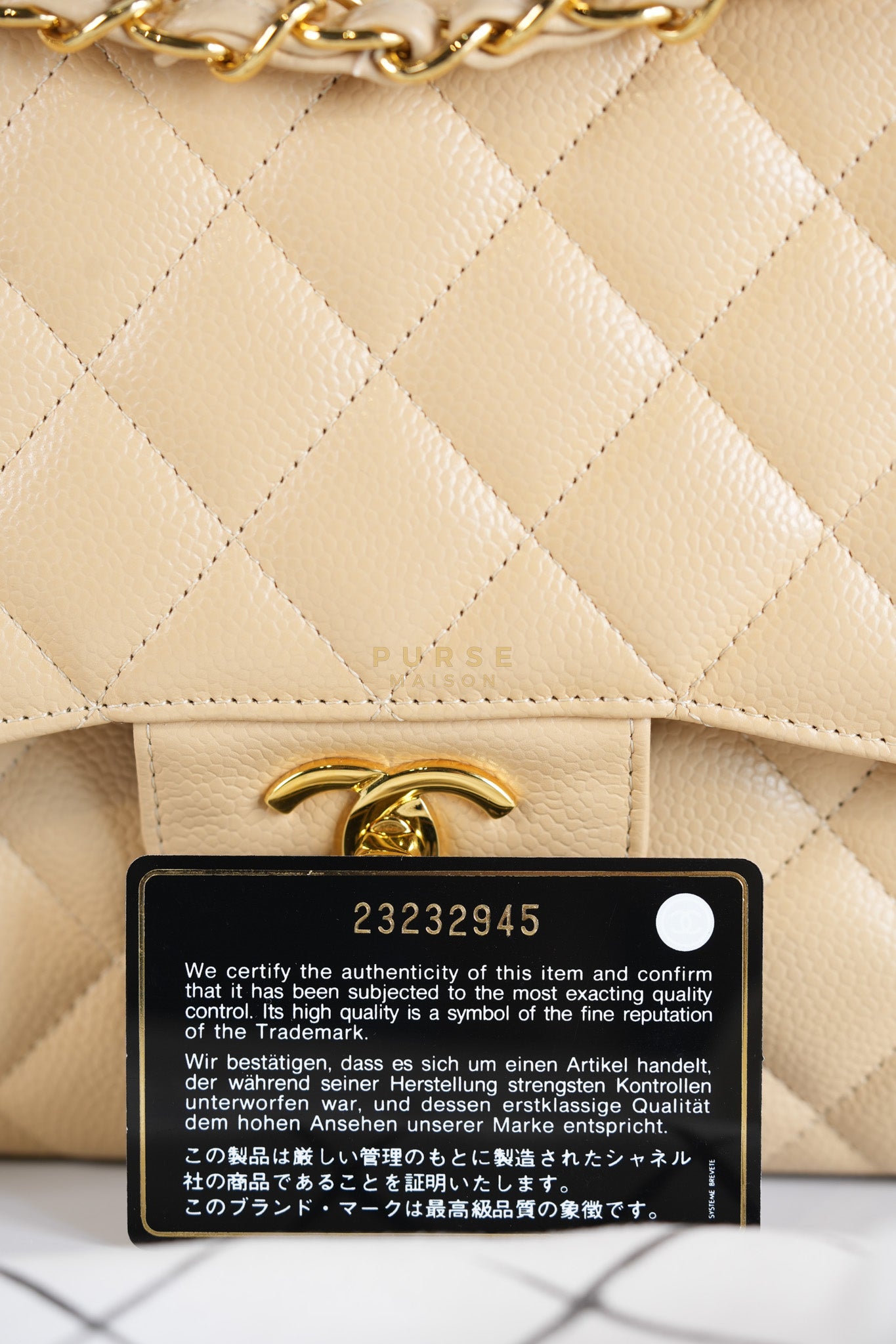 Classic Double Flap Jumbo in Beige Quilted Caviar Leather & Gold Hardware Series 23 | Purse Maison Luxury Bags Shop