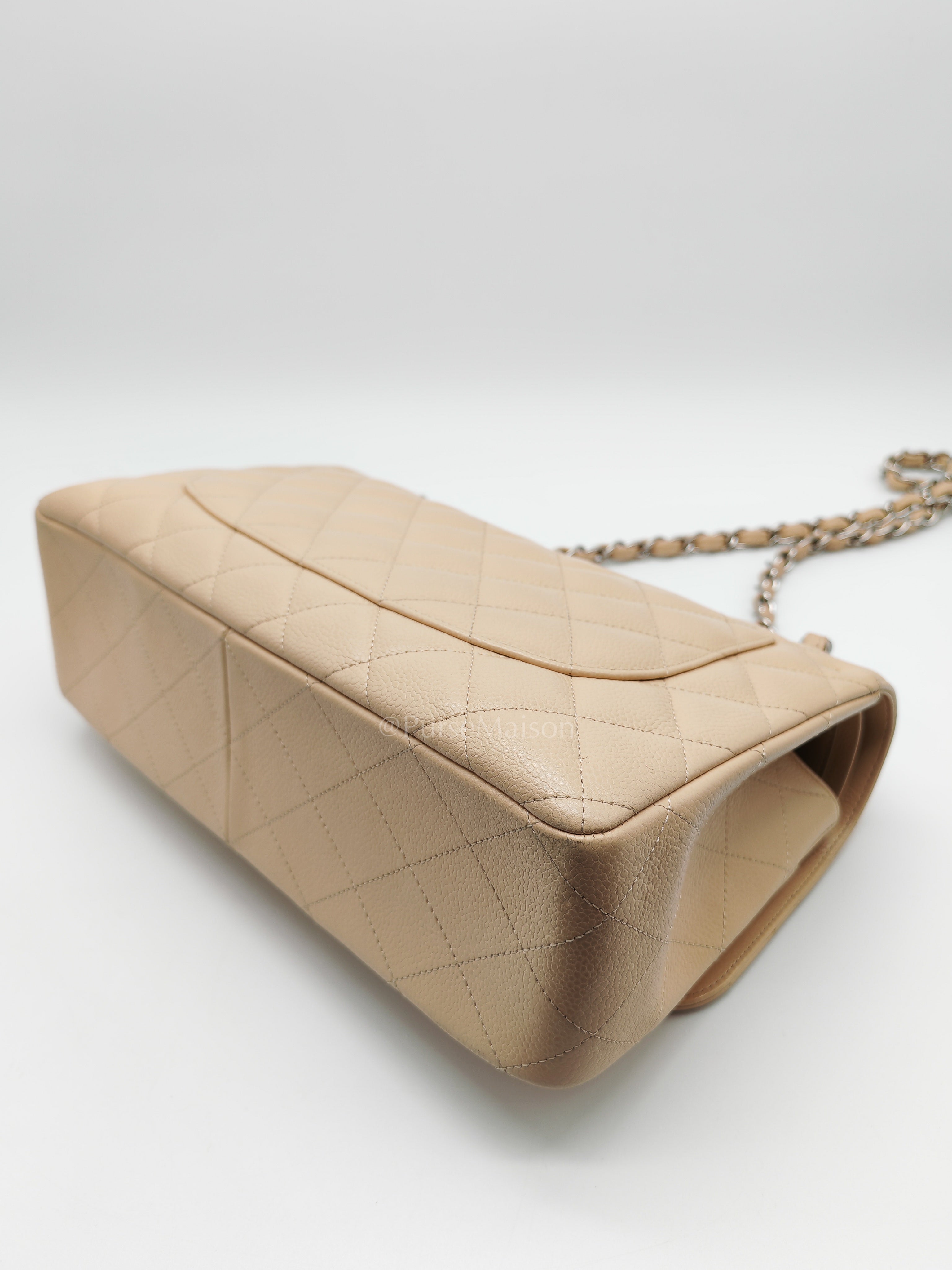 Classic Double Flap Jumbo in Beige Quilted Caviar Leather & Silver Hardware Series 14 | Purse Maison Luxury Bags Shop