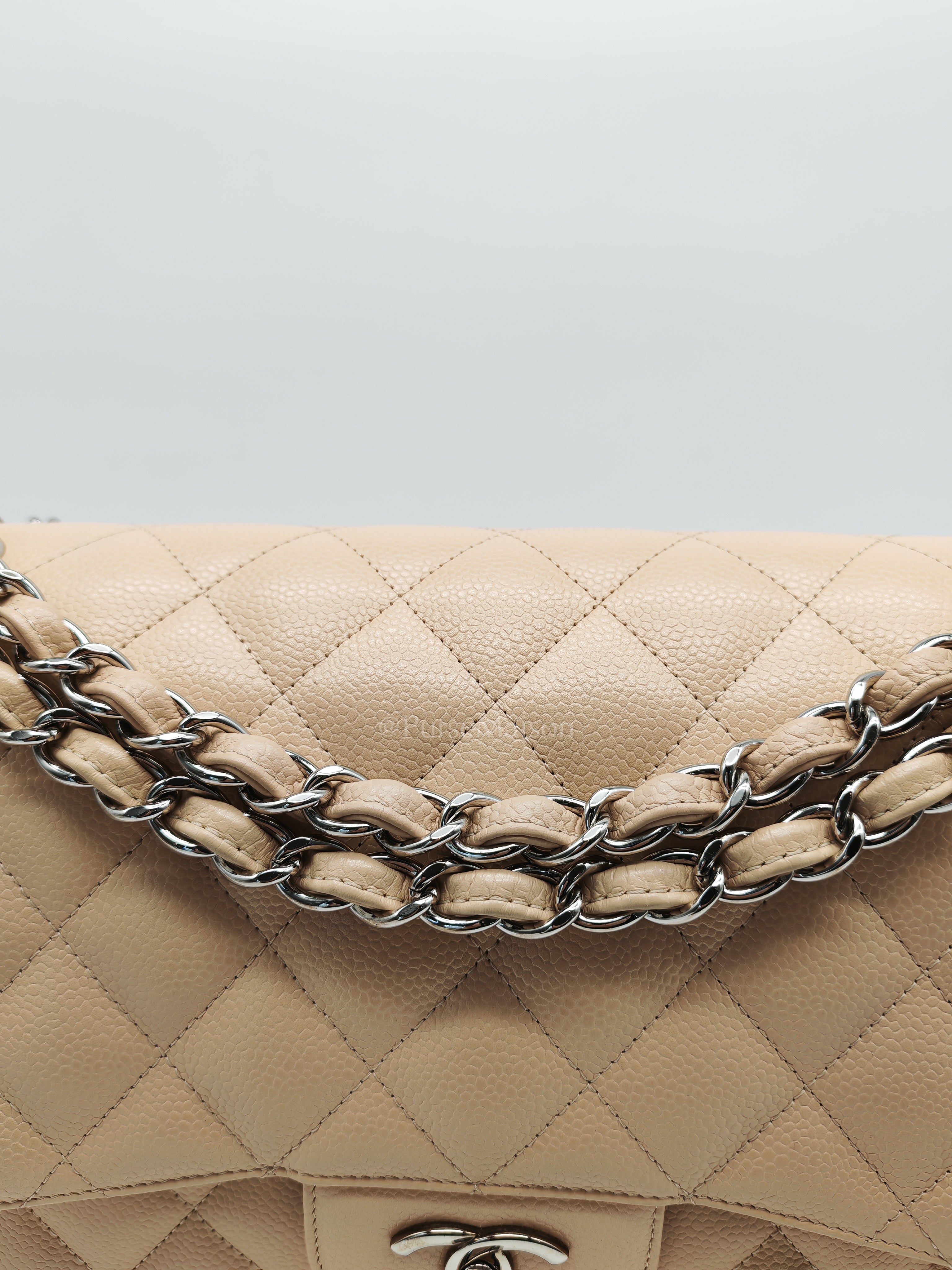 Classic Double Flap Jumbo in Beige Quilted Caviar Leather & Silver Hardware Series 14 | Purse Maison Luxury Bags Shop