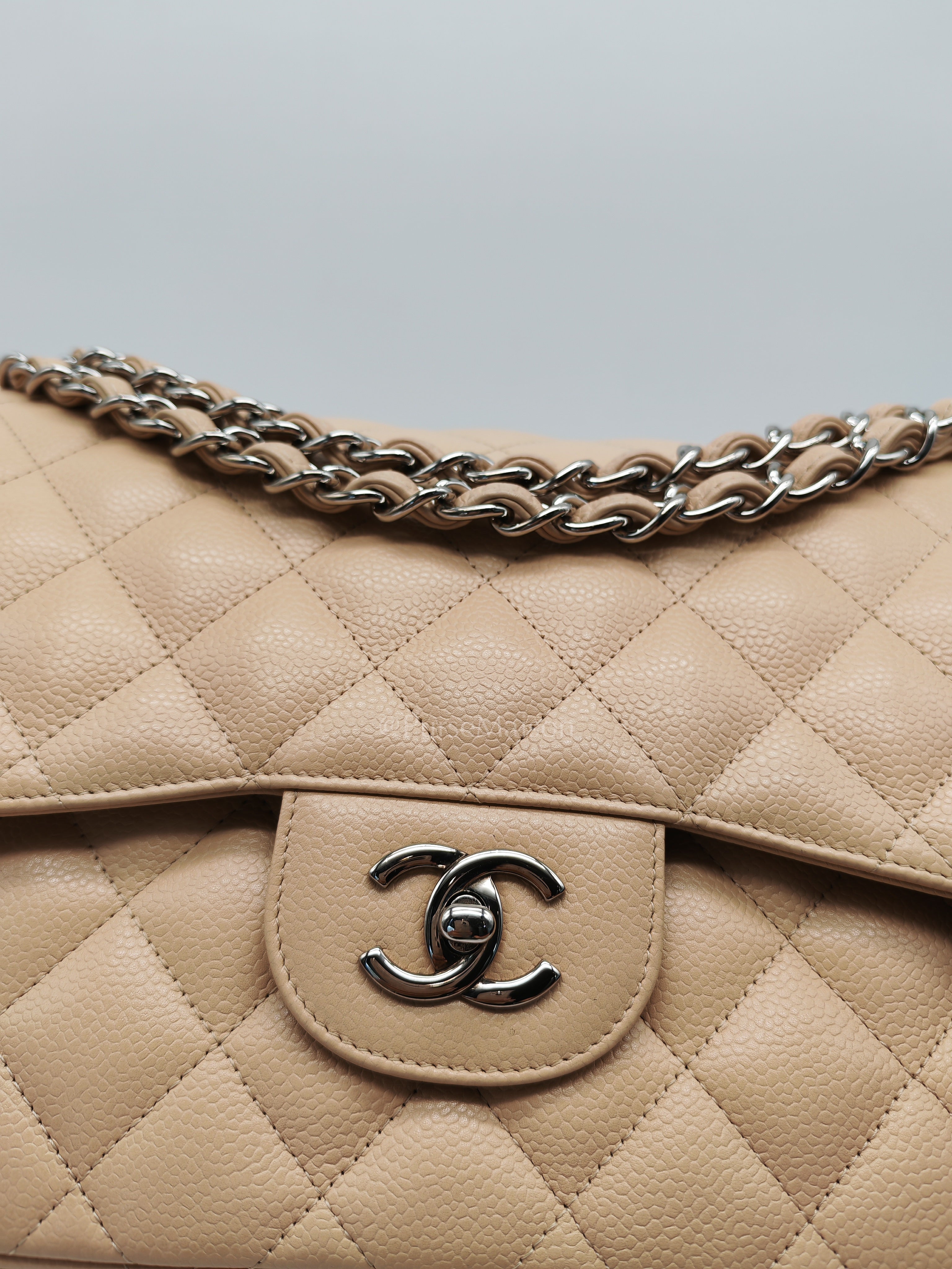 Classic Double Flap Jumbo in Beige Quilted Caviar Leather & Silver Hardware Series 14 | Purse Maison Luxury Bags Shop