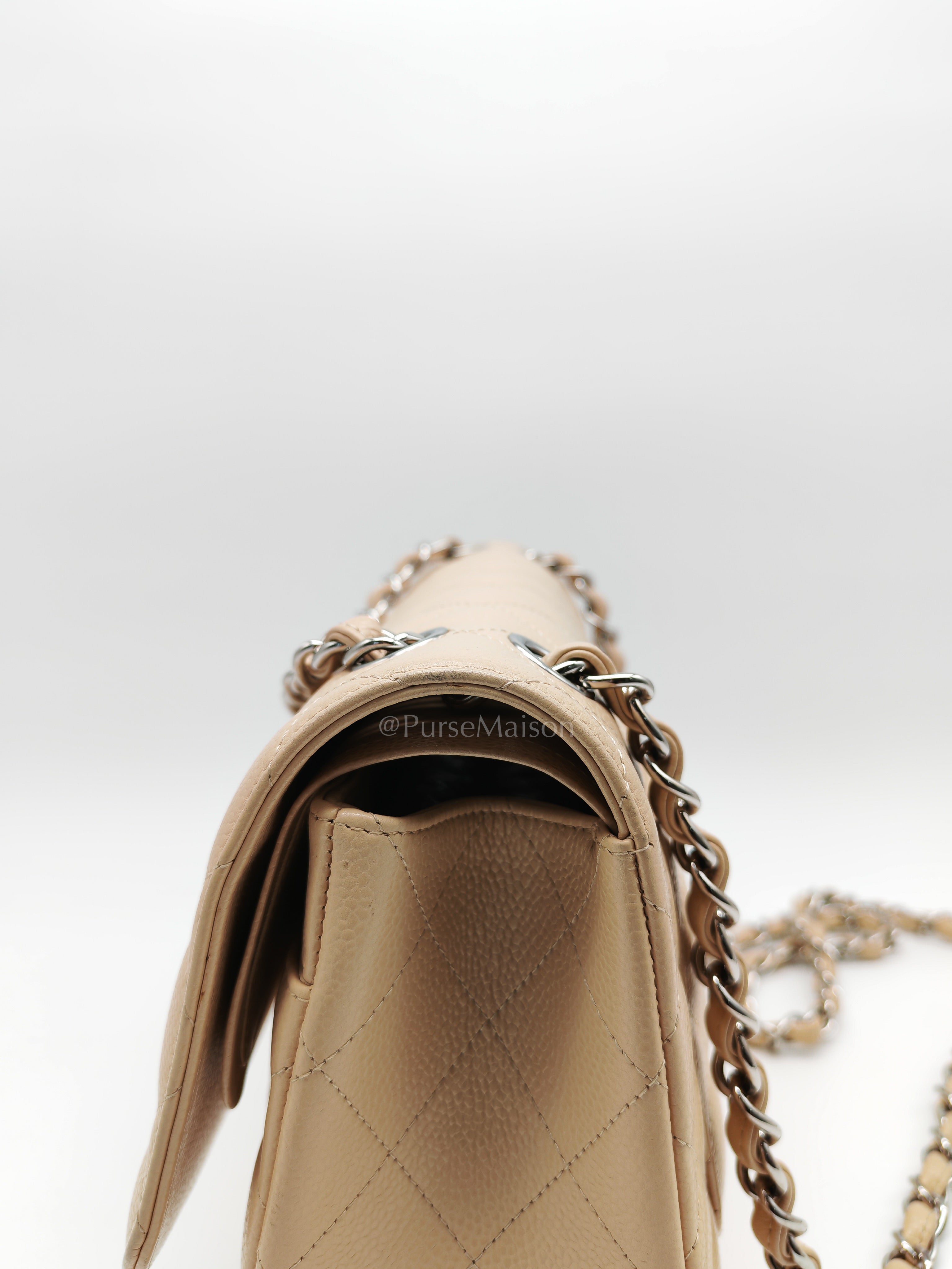 Classic Double Flap Jumbo in Beige Quilted Caviar Leather & Silver Hardware Series 14 | Purse Maison Luxury Bags Shop