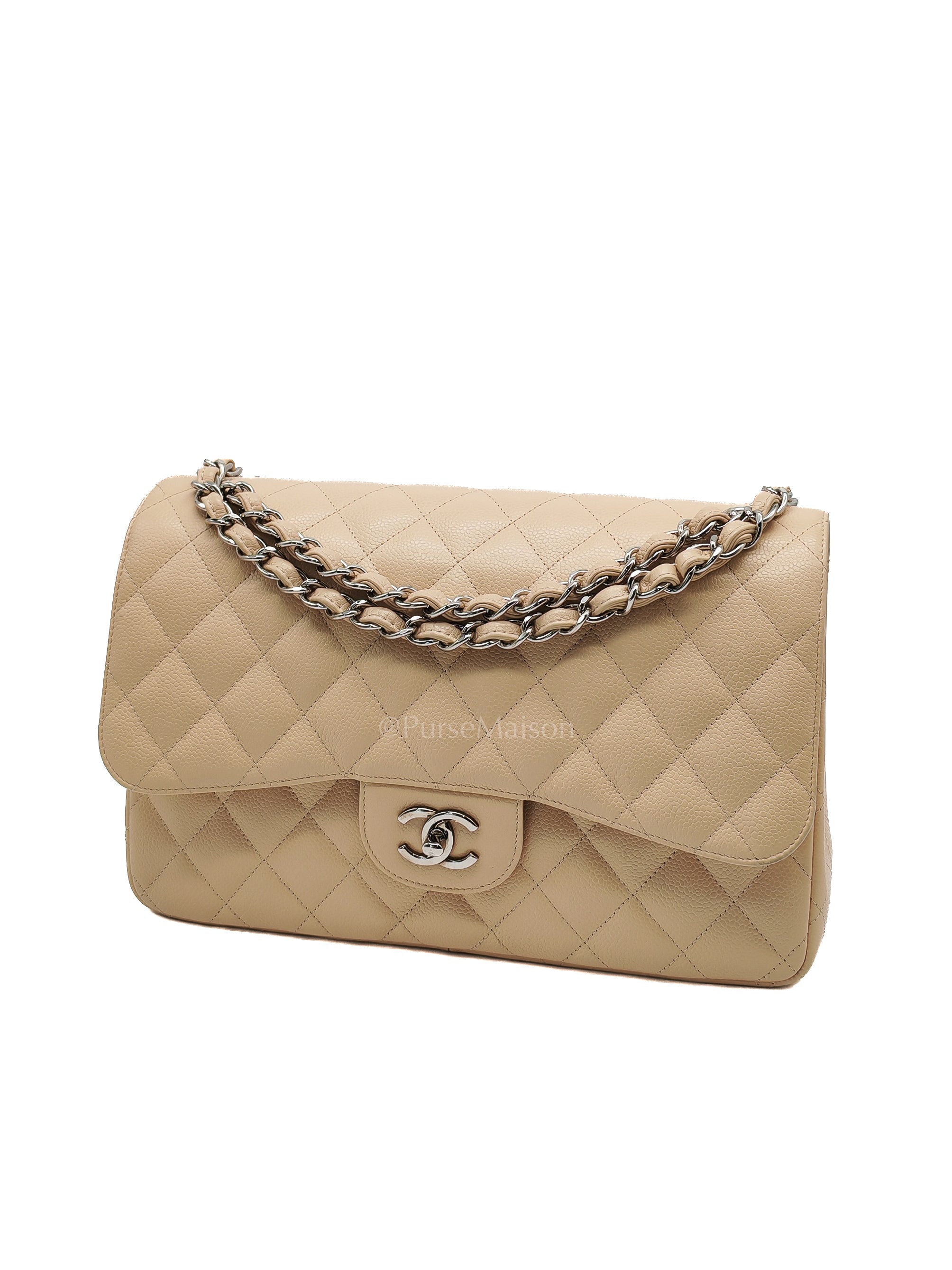 Classic Double Flap Jumbo in Beige Quilted Caviar Leather & Silver Hardware Series 14 | Purse Maison Luxury Bags Shop