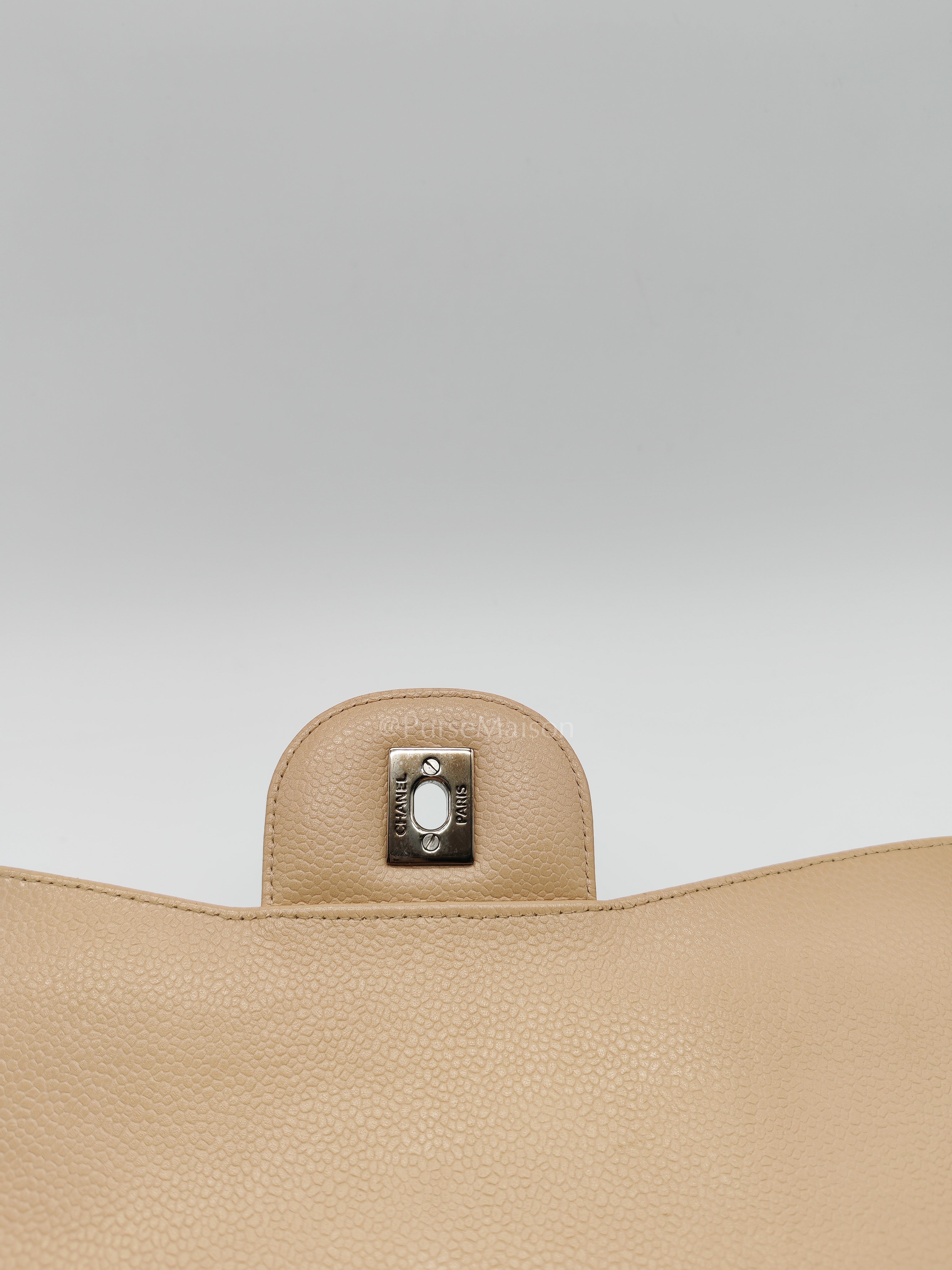 Classic Double Flap Jumbo in Beige Quilted Caviar Leather & Silver Hardware Series 14 | Purse Maison Luxury Bags Shop
