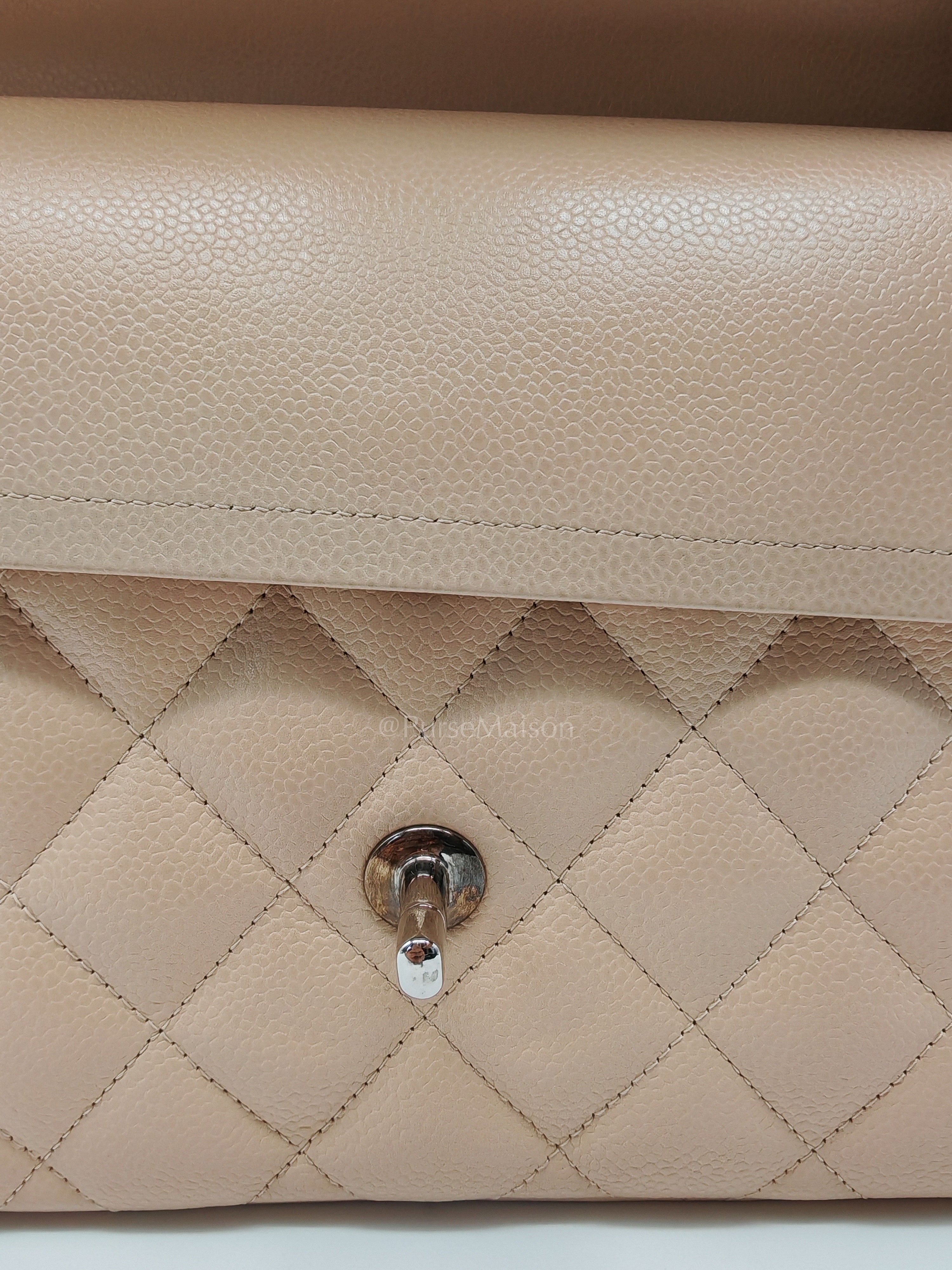 Classic Double Flap Jumbo in Beige Quilted Caviar Leather & Silver Hardware Series 14 | Purse Maison Luxury Bags Shop