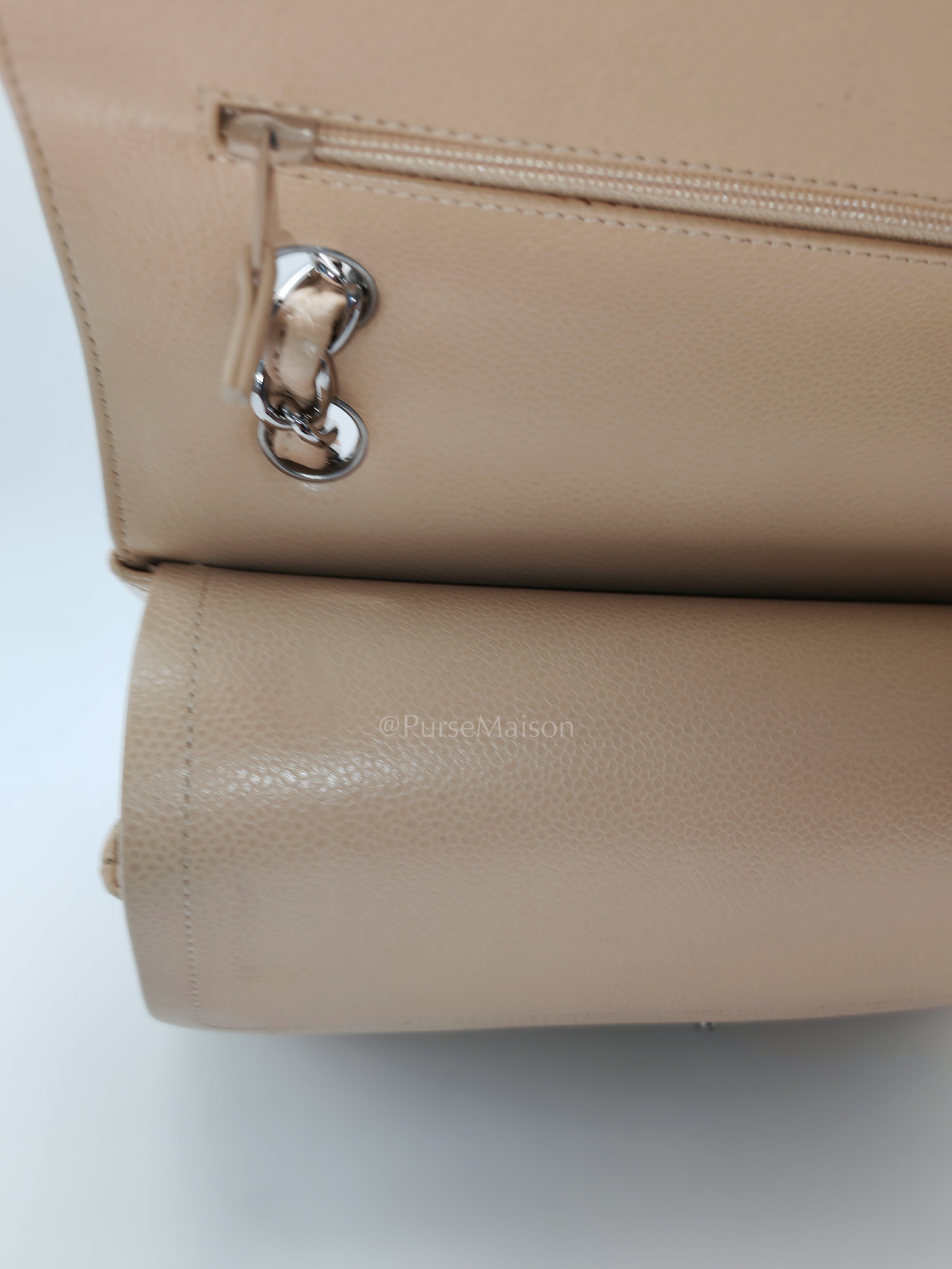 Classic Double Flap Jumbo in Beige Quilted Caviar Leather & Silver Hardware Series 14 | Purse Maison Luxury Bags Shop