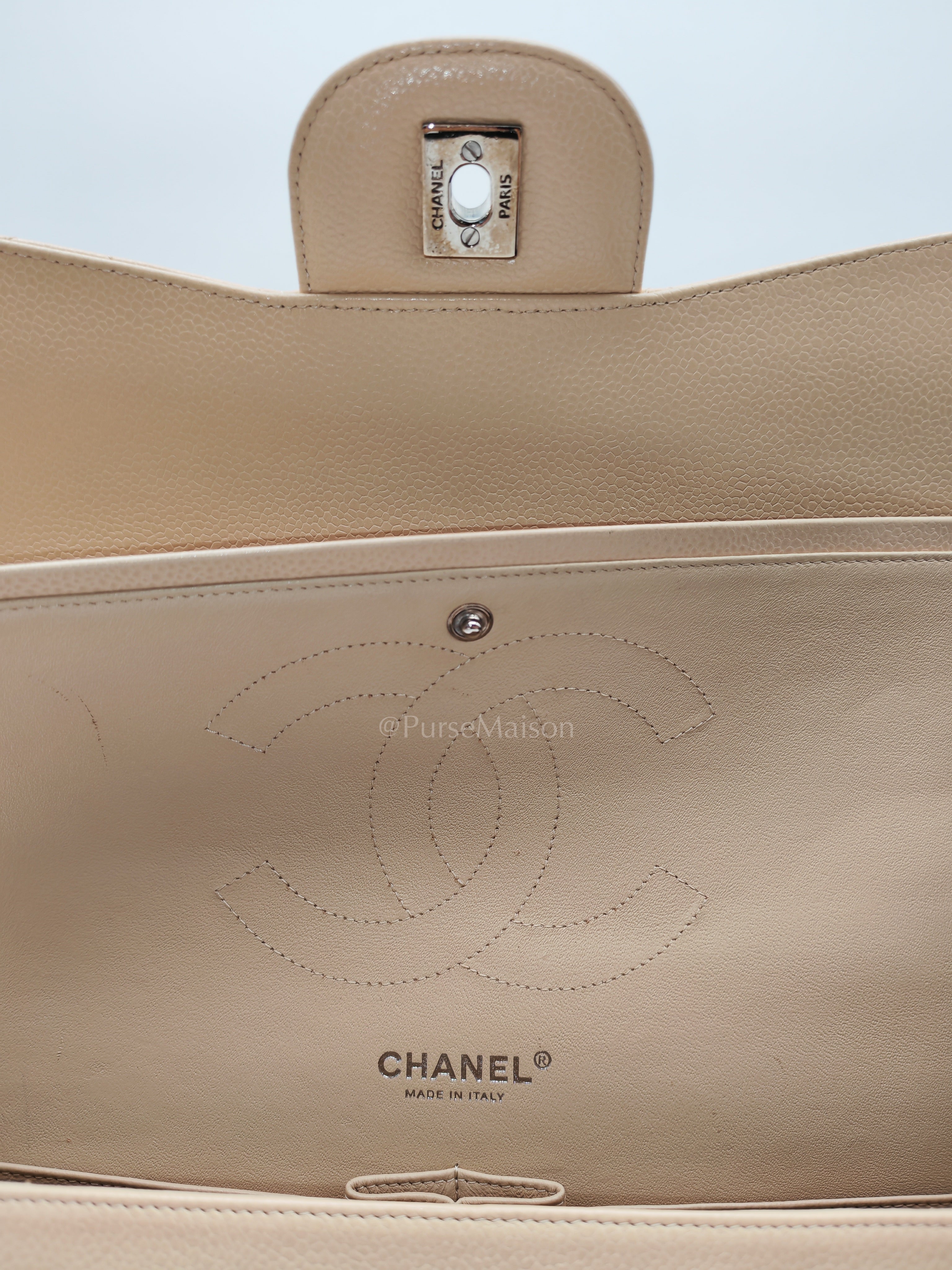 Classic Double Flap Jumbo in Beige Quilted Caviar Leather & Silver Hardware Series 14 | Purse Maison Luxury Bags Shop