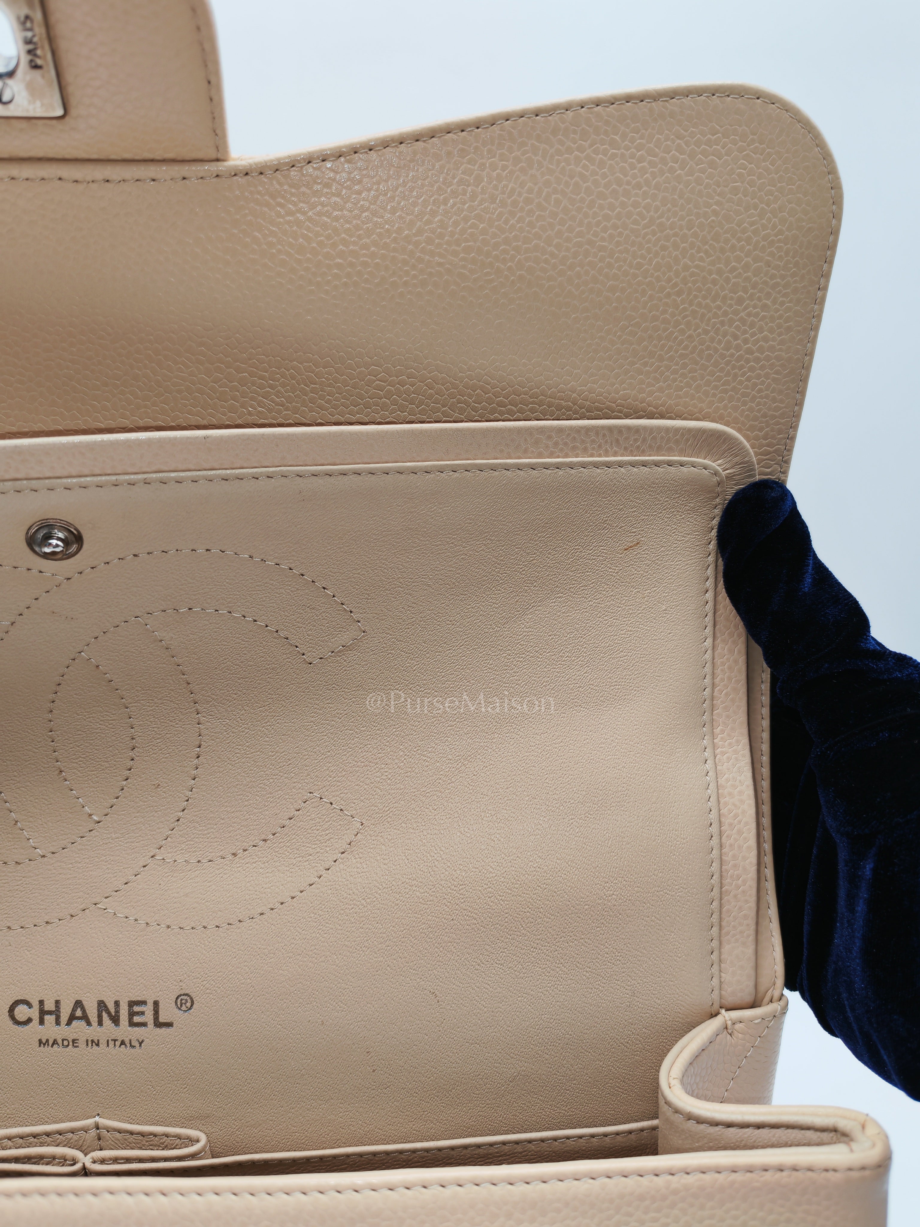 Classic Double Flap Jumbo in Beige Quilted Caviar Leather & Silver Hardware Series 14 | Purse Maison Luxury Bags Shop