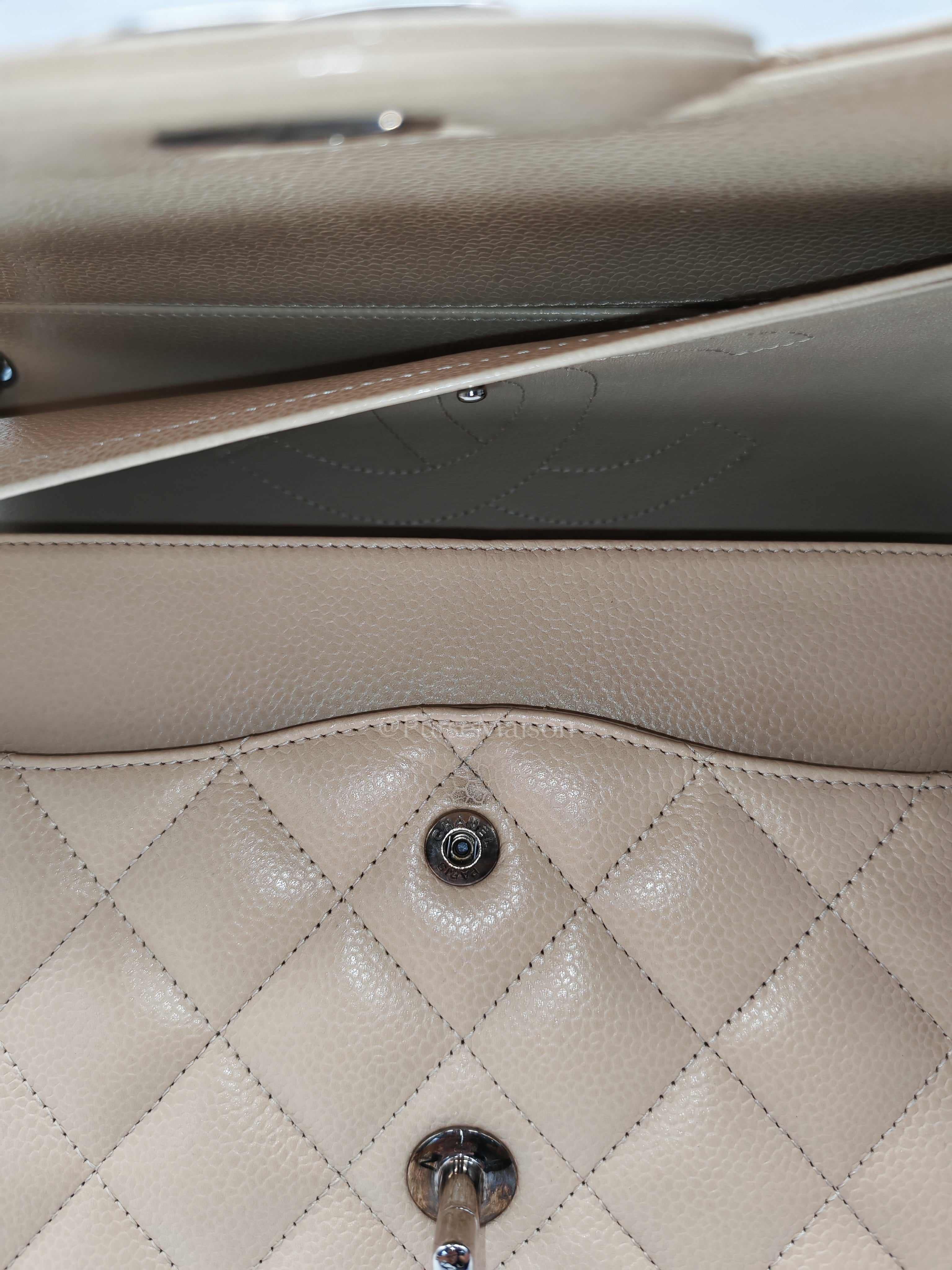 Classic Double Flap Jumbo in Beige Quilted Caviar Leather & Silver Hardware Series 14 | Purse Maison Luxury Bags Shop