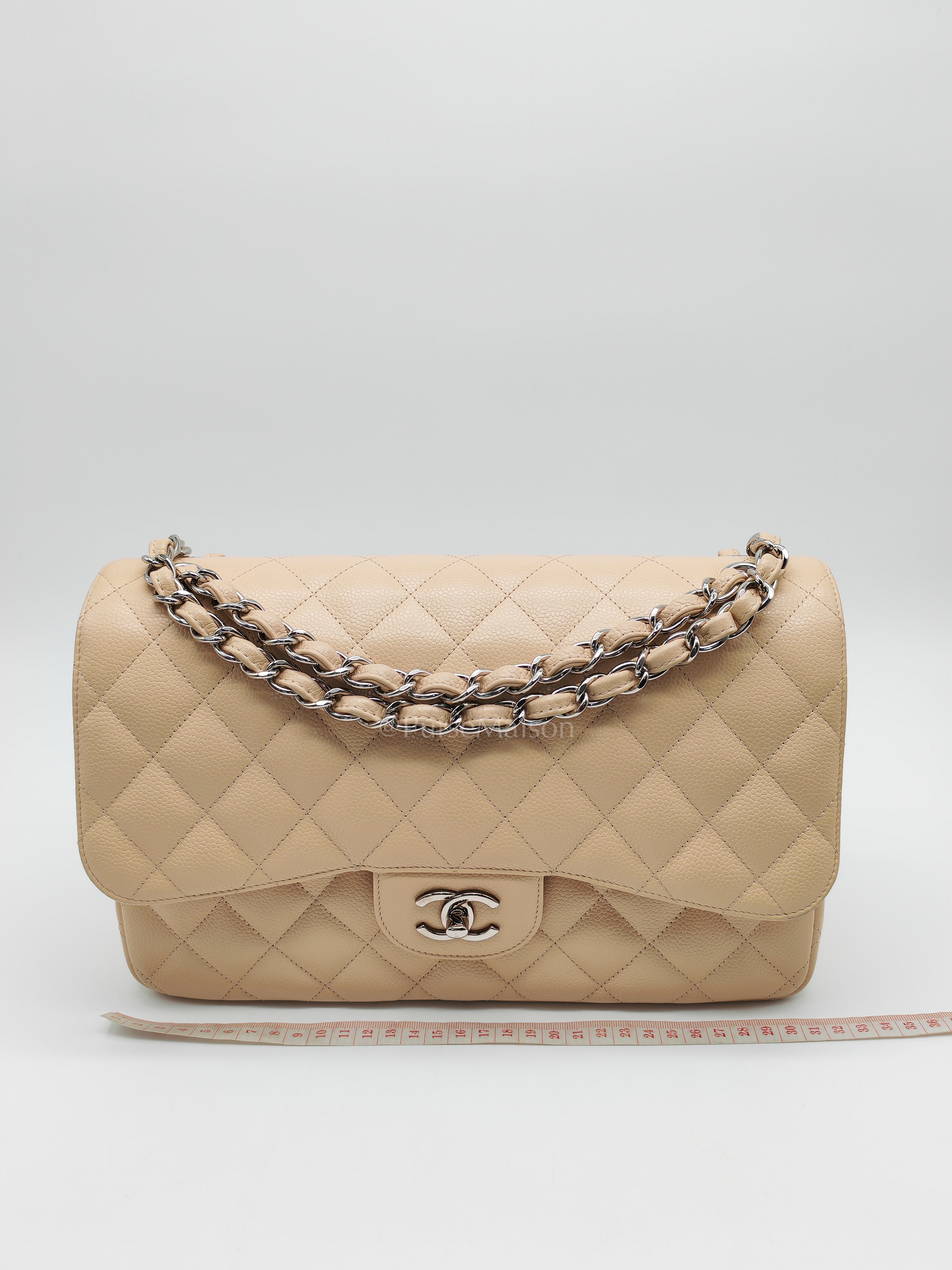 Classic Double Flap Jumbo in Beige Quilted Caviar Leather & Silver Hardware Series 14 | Purse Maison Luxury Bags Shop