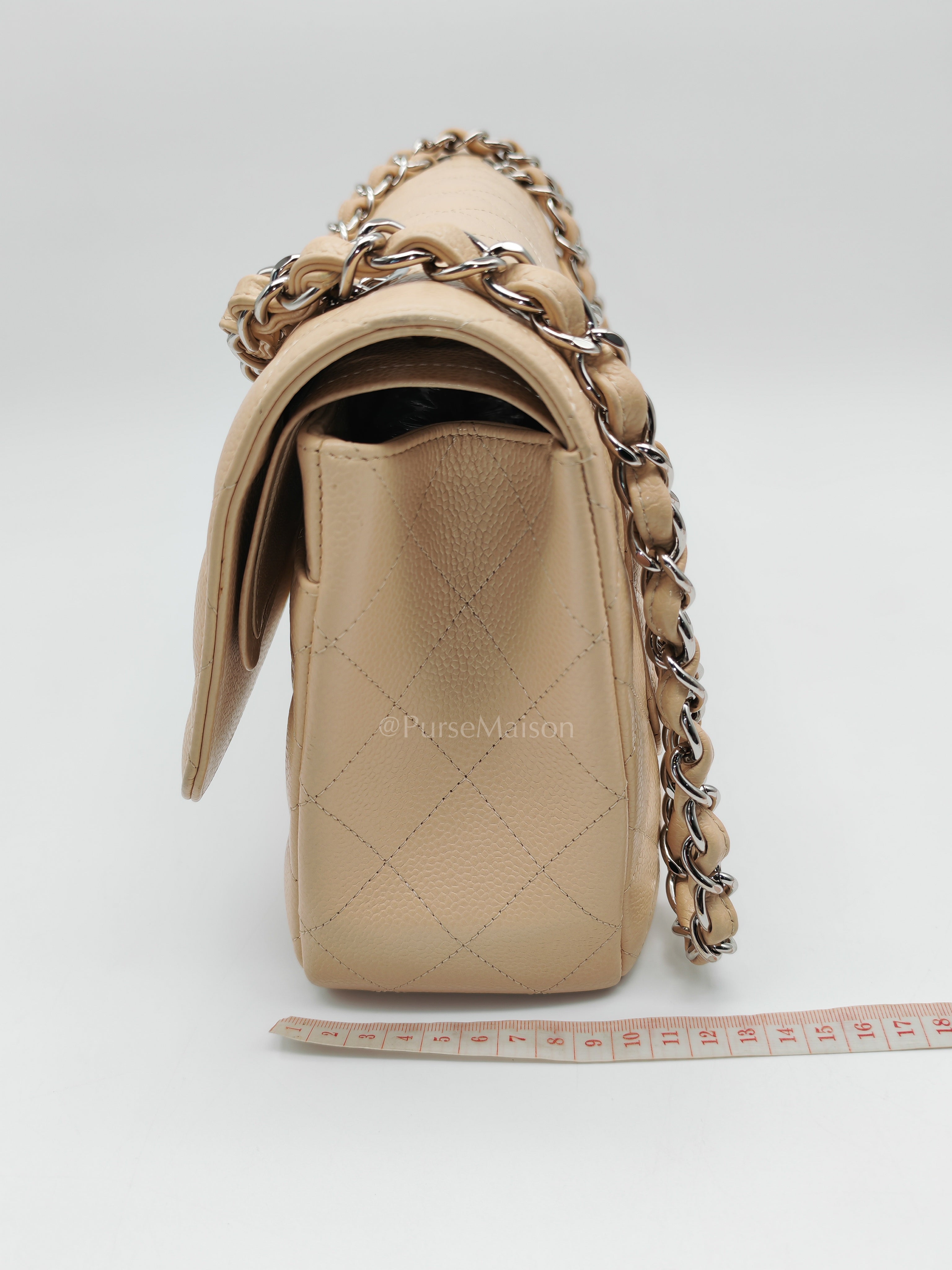 Classic Double Flap Jumbo in Beige Quilted Caviar Leather & Silver Hardware Series 14 | Purse Maison Luxury Bags Shop