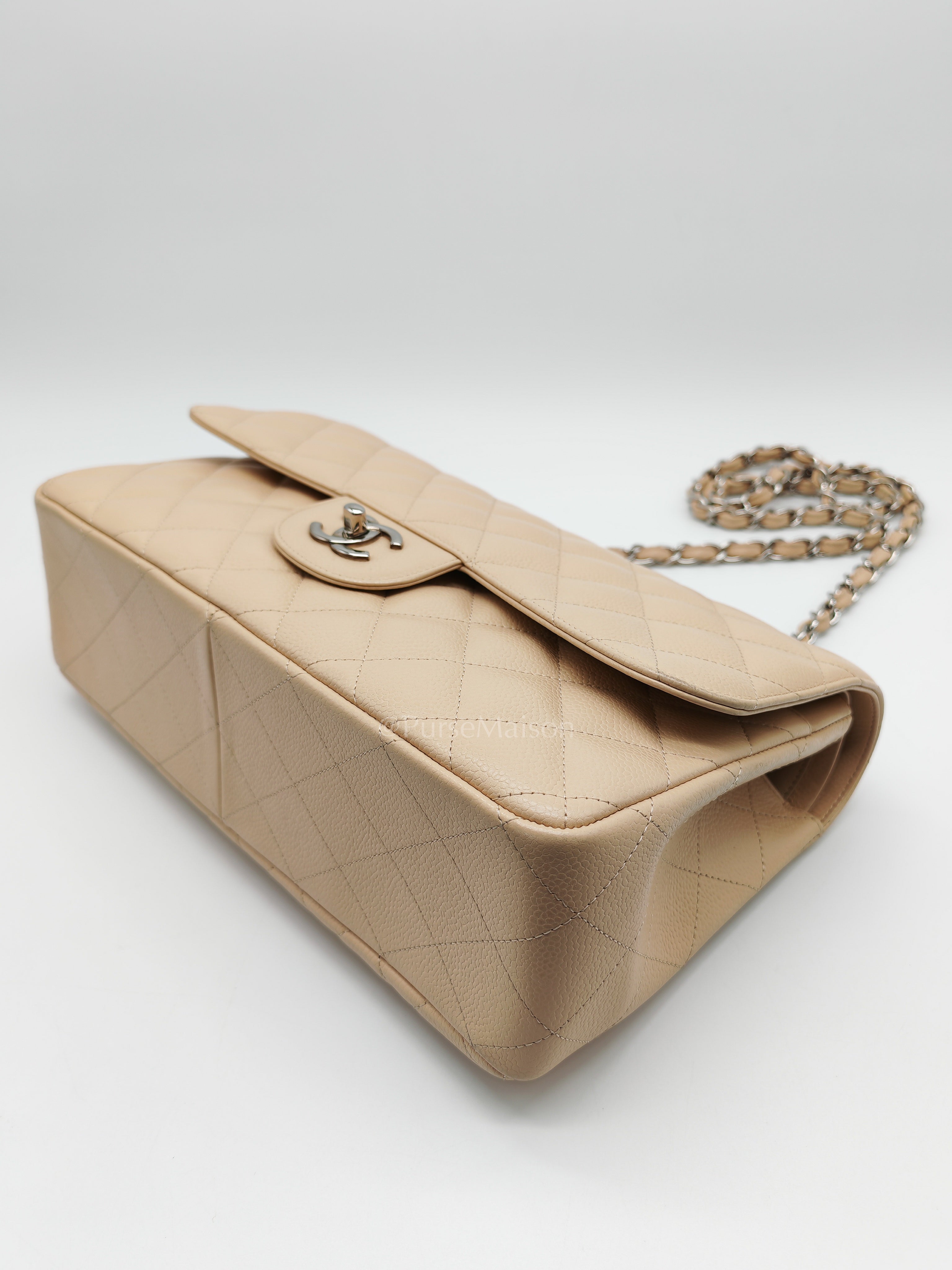 Classic Double Flap Jumbo in Beige Quilted Caviar Leather & Silver Hardware Series 14 | Purse Maison Luxury Bags Shop