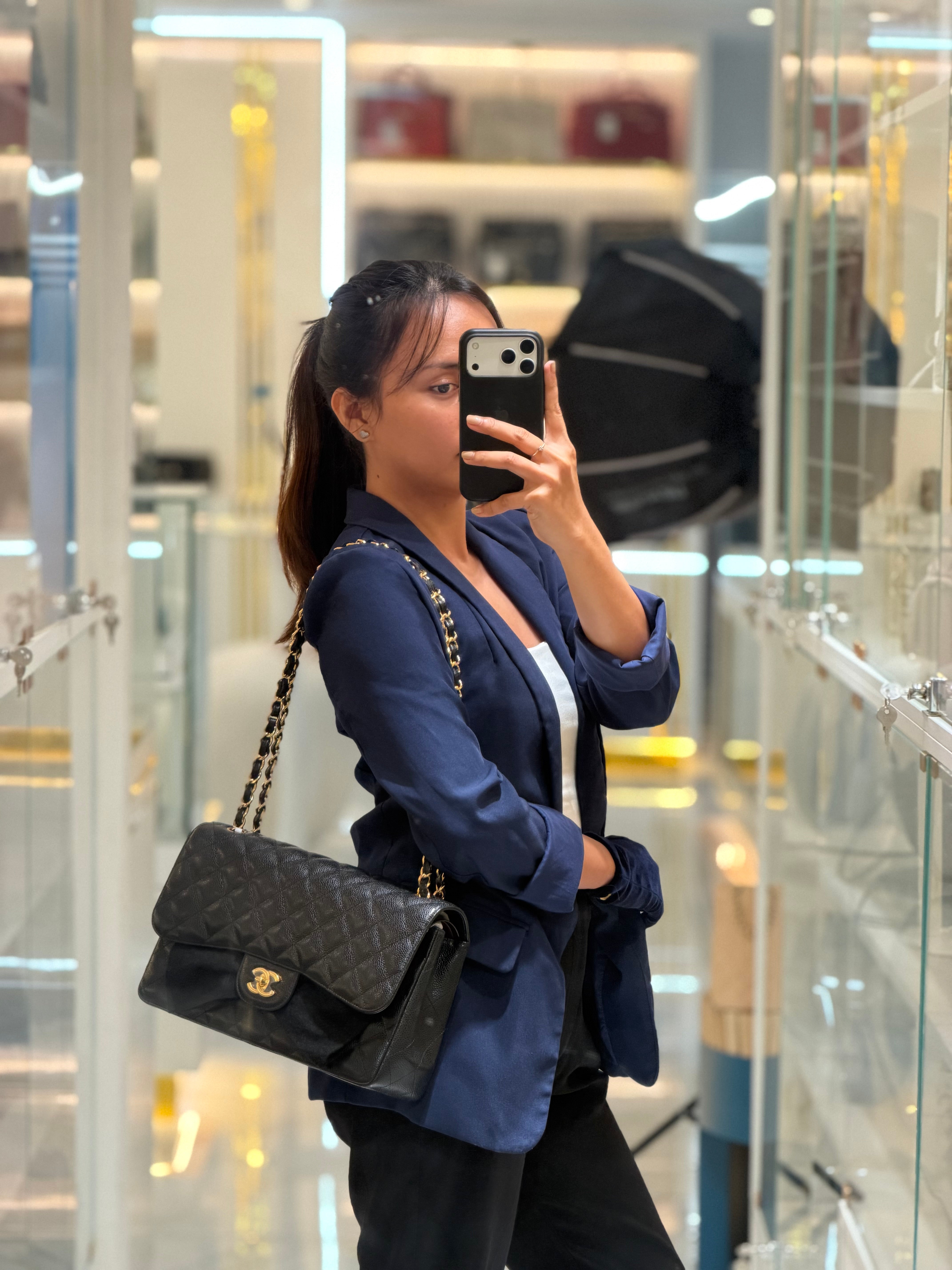 Classic Double Flap Jumbo in Black Quilted Caviar Leather & Gold Hardware Series 26 | Purse Maison Luxury Bags Shop