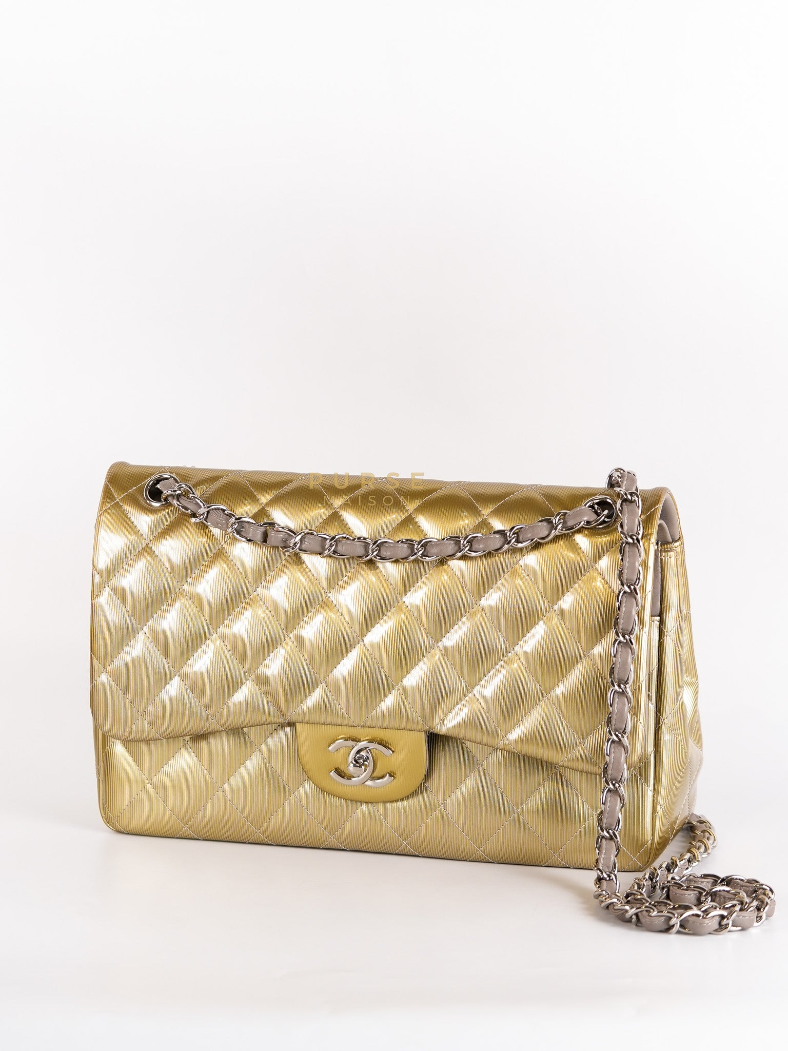 Classic Double Flap Jumbo in Gold Quilted Patent Leather & Silver Hardware Series 17 | Purse Maison Luxury Bags Shop