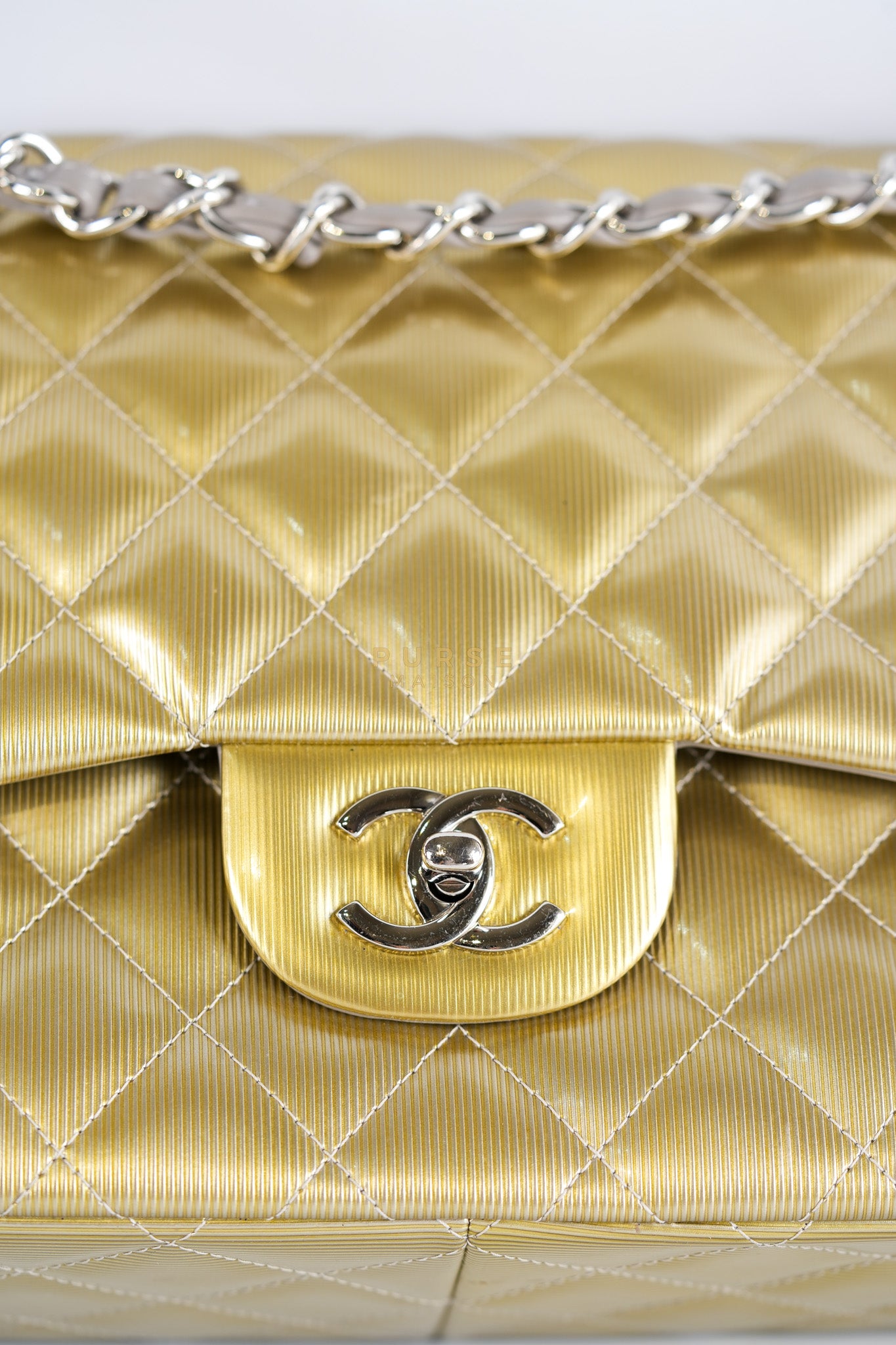 Classic Double Flap Jumbo in Gold Quilted Patent Leather & Silver Hardware Series 17 | Purse Maison Luxury Bags Shop