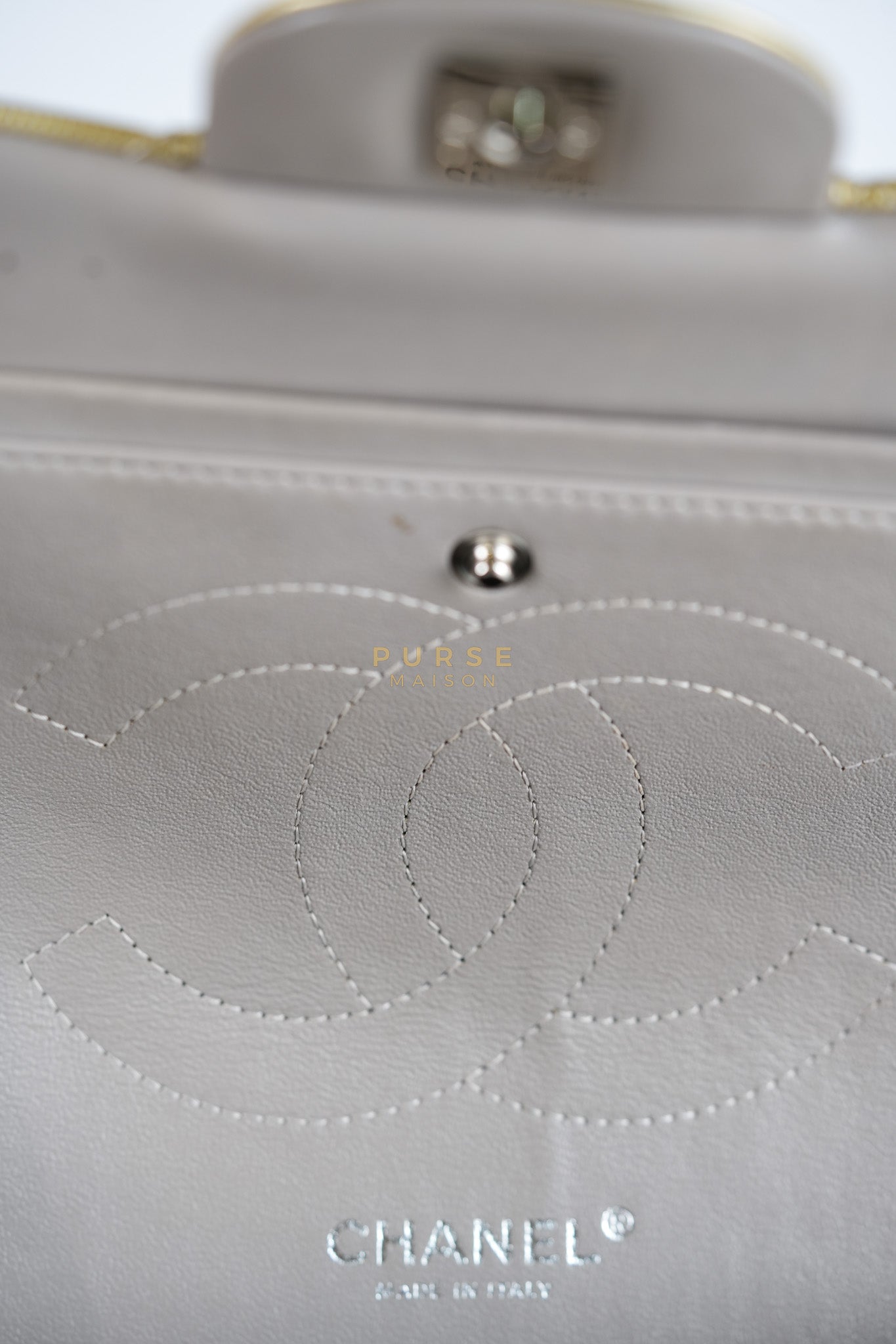 Classic Double Flap Jumbo in Gold Quilted Patent Leather & Silver Hardware Series 17 | Purse Maison Luxury Bags Shop