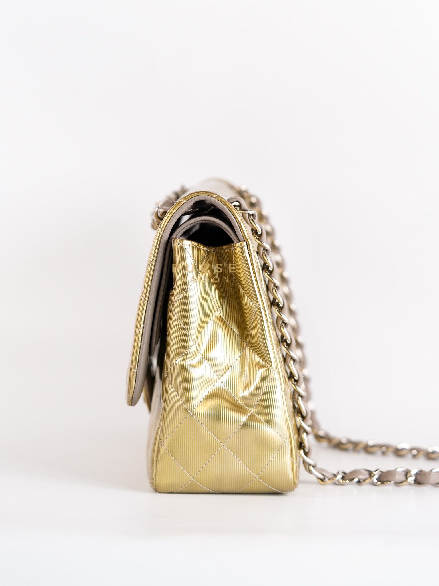 Classic Double Flap Jumbo in Gold Quilted Patent Leather & Silver Hardware Series 17 | Purse Maison Luxury Bags Shop