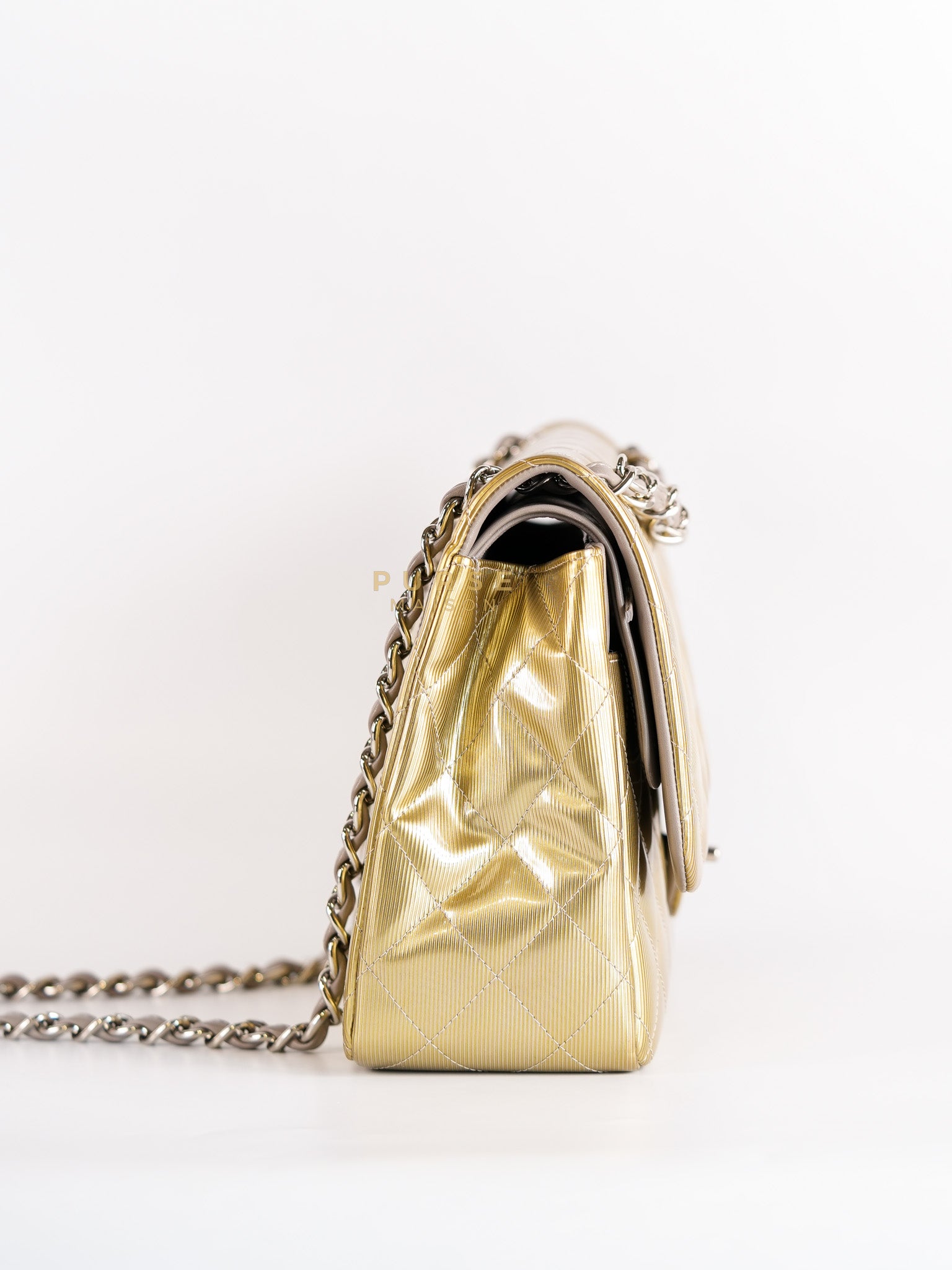 Classic Double Flap Jumbo in Gold Quilted Patent Leather & Silver Hardware Series 17 | Purse Maison Luxury Bags Shop