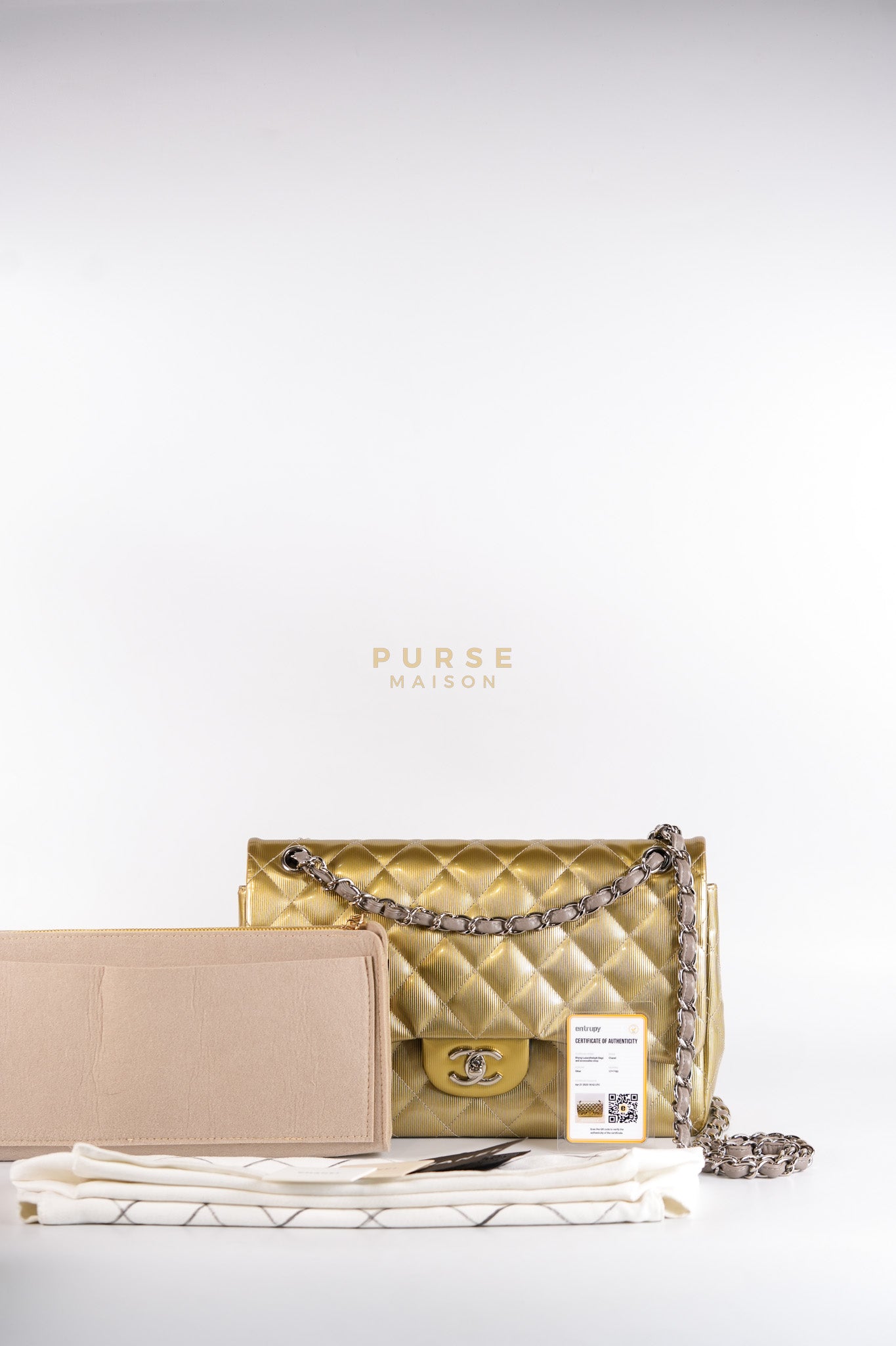 Classic Double Flap Jumbo in Gold Quilted Patent Leather & Silver Hardware Series 17 | Purse Maison Luxury Bags Shop