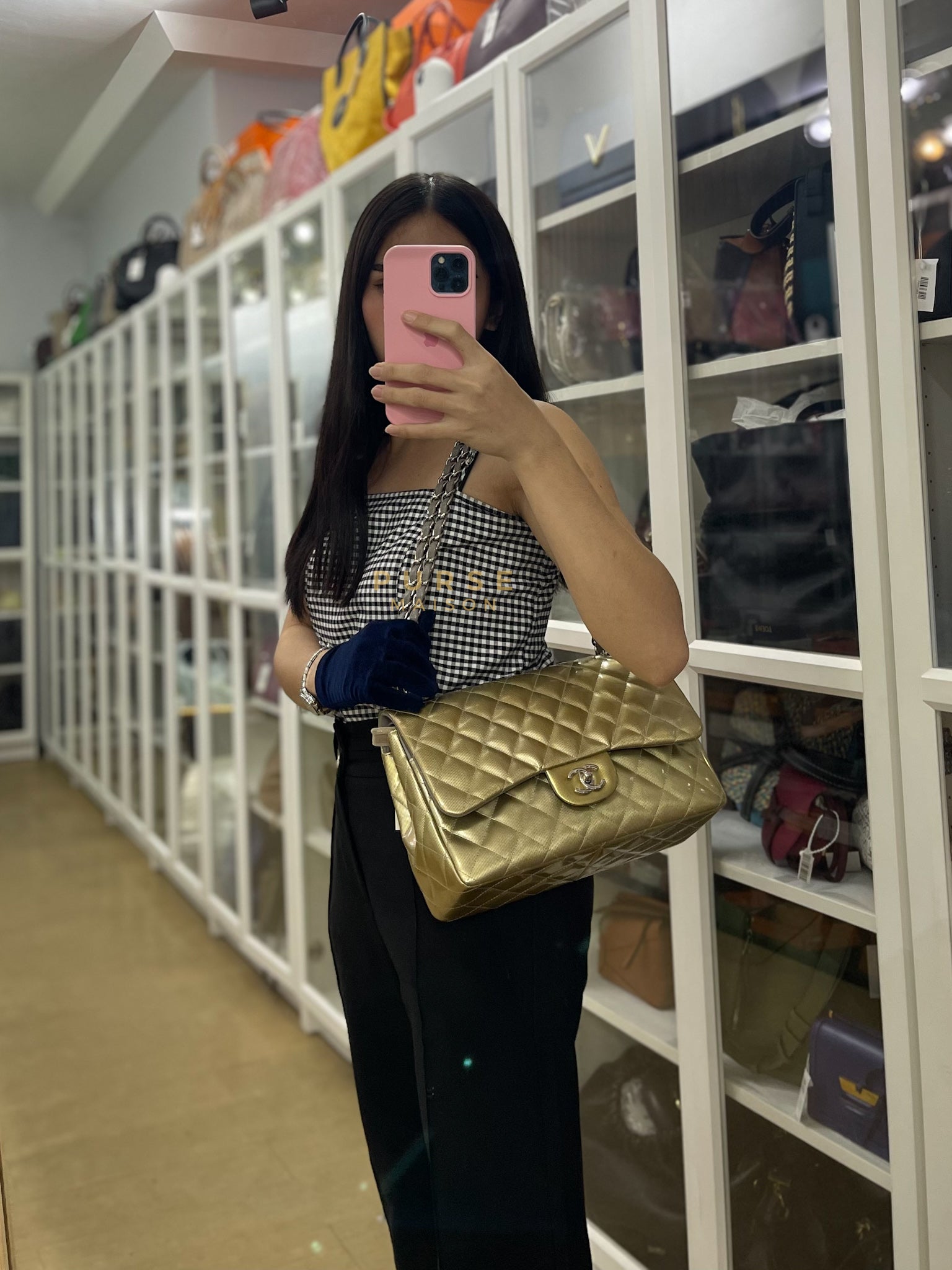 Classic Double Flap Jumbo in Gold Quilted Patent Leather & Silver Hardware Series 17 | Purse Maison Luxury Bags Shop