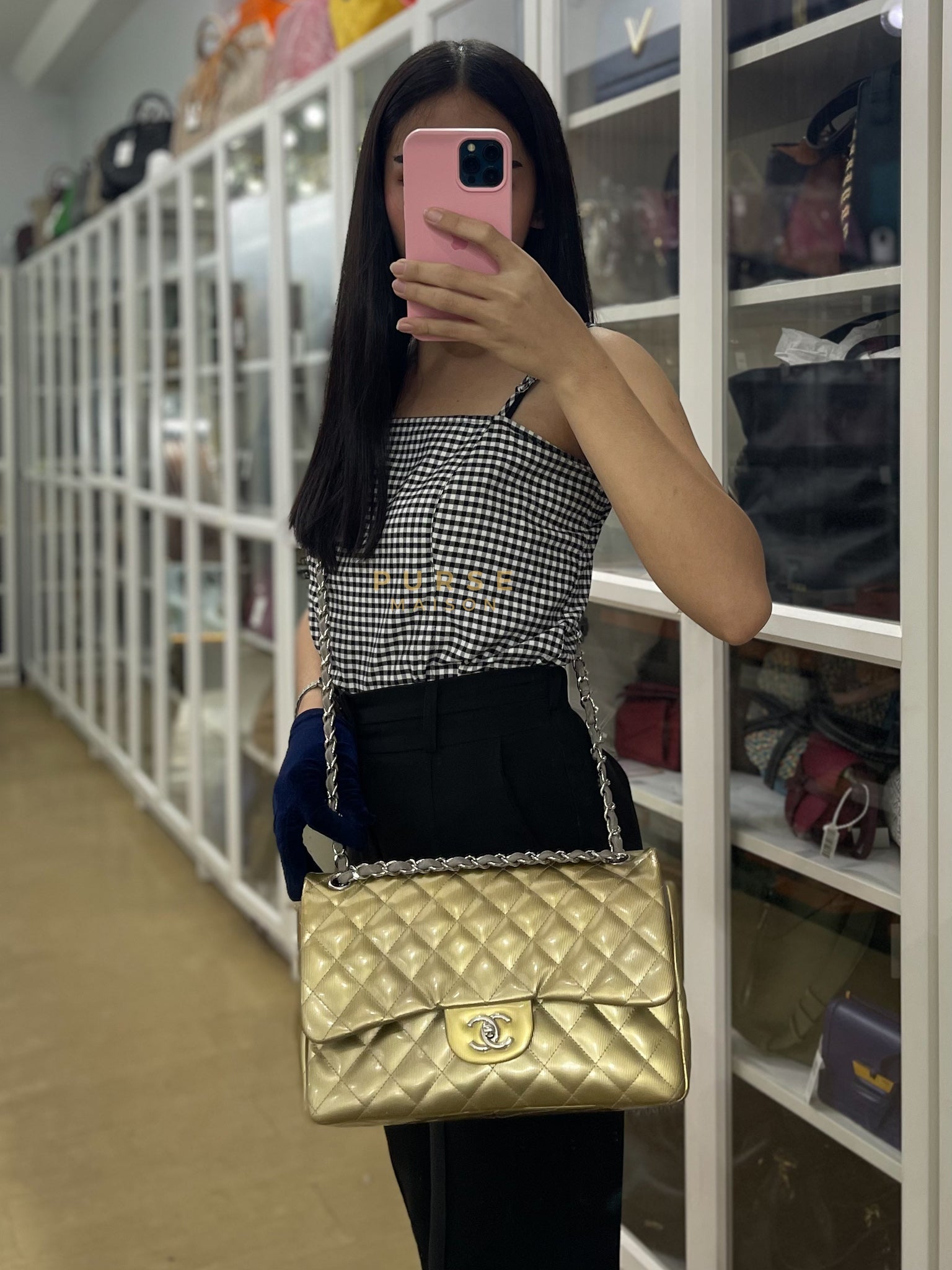 Classic Double Flap Jumbo in Gold Quilted Patent Leather & Silver Hardware Series 17 | Purse Maison Luxury Bags Shop