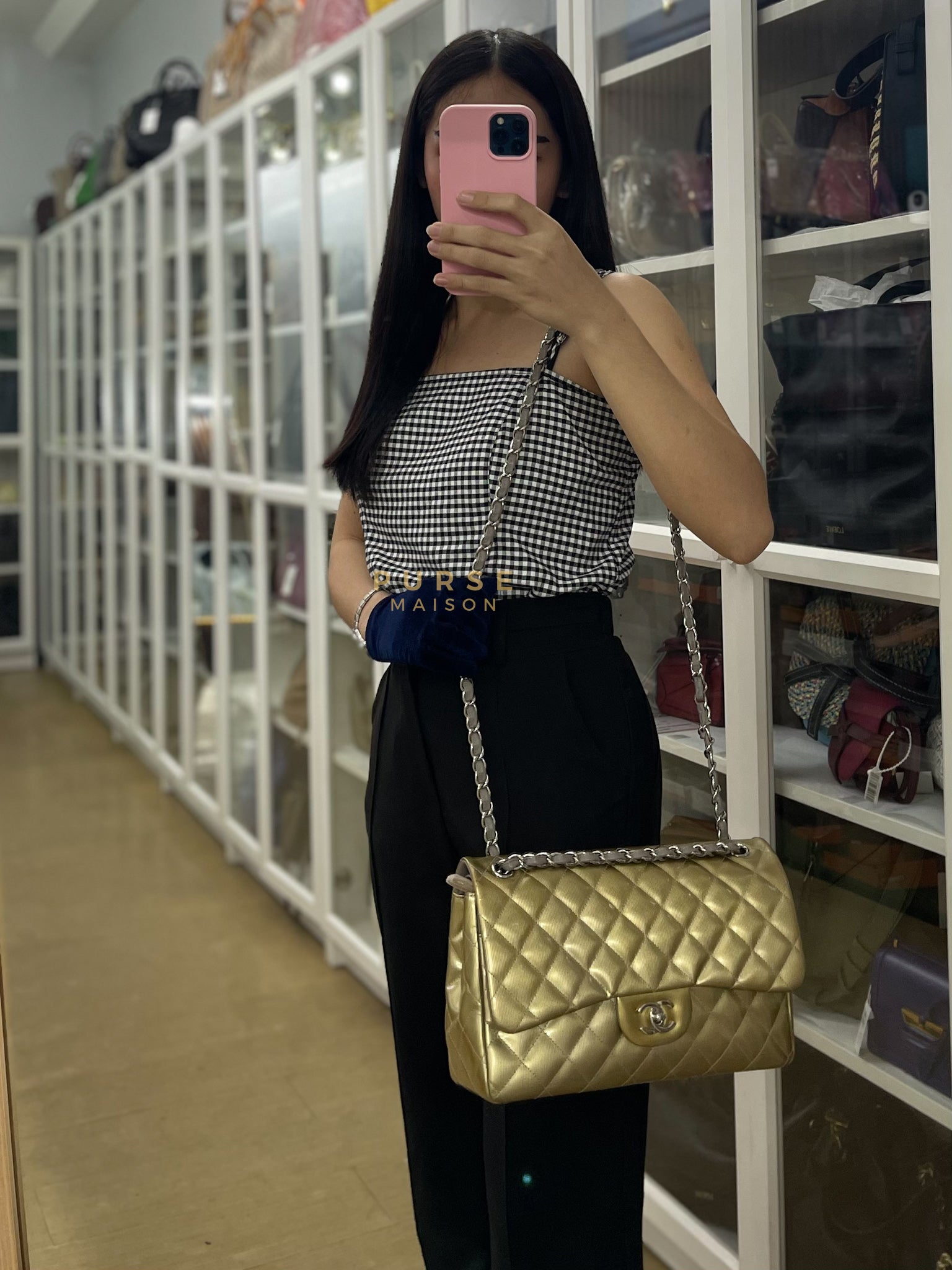 Classic Double Flap Jumbo in Gold Quilted Patent Leather & Silver Hardware Series 17 | Purse Maison Luxury Bags Shop