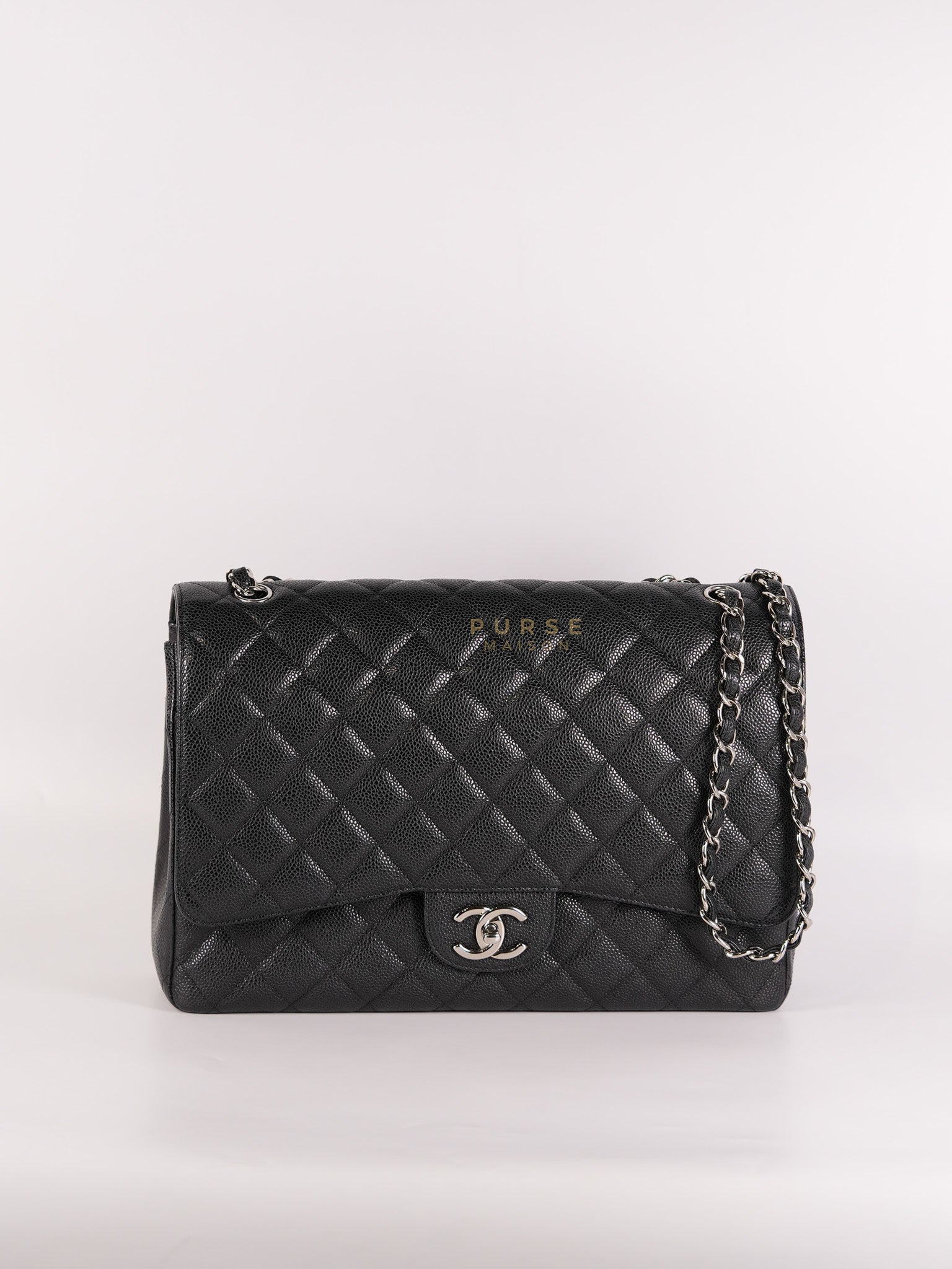 Classic Double Flap Maxi Black Caviar Leather Silver Hardware (Series 17) | Purse Maison Luxury Bags Shop