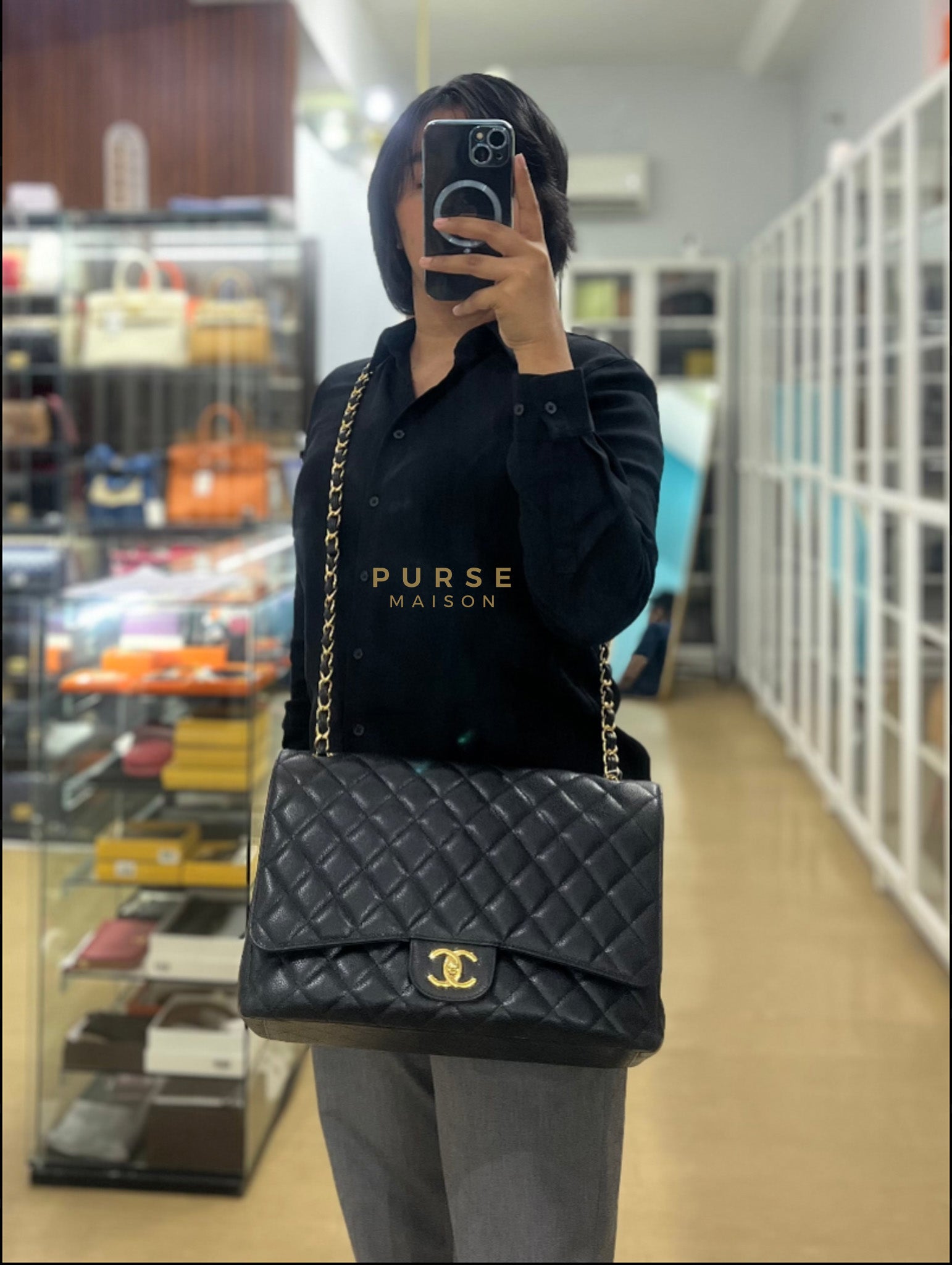 Classic Double Flap Maxi in Black Caviar Leather & Gold Hardware (Series 19) | Purse Maison Luxury Bags Shop