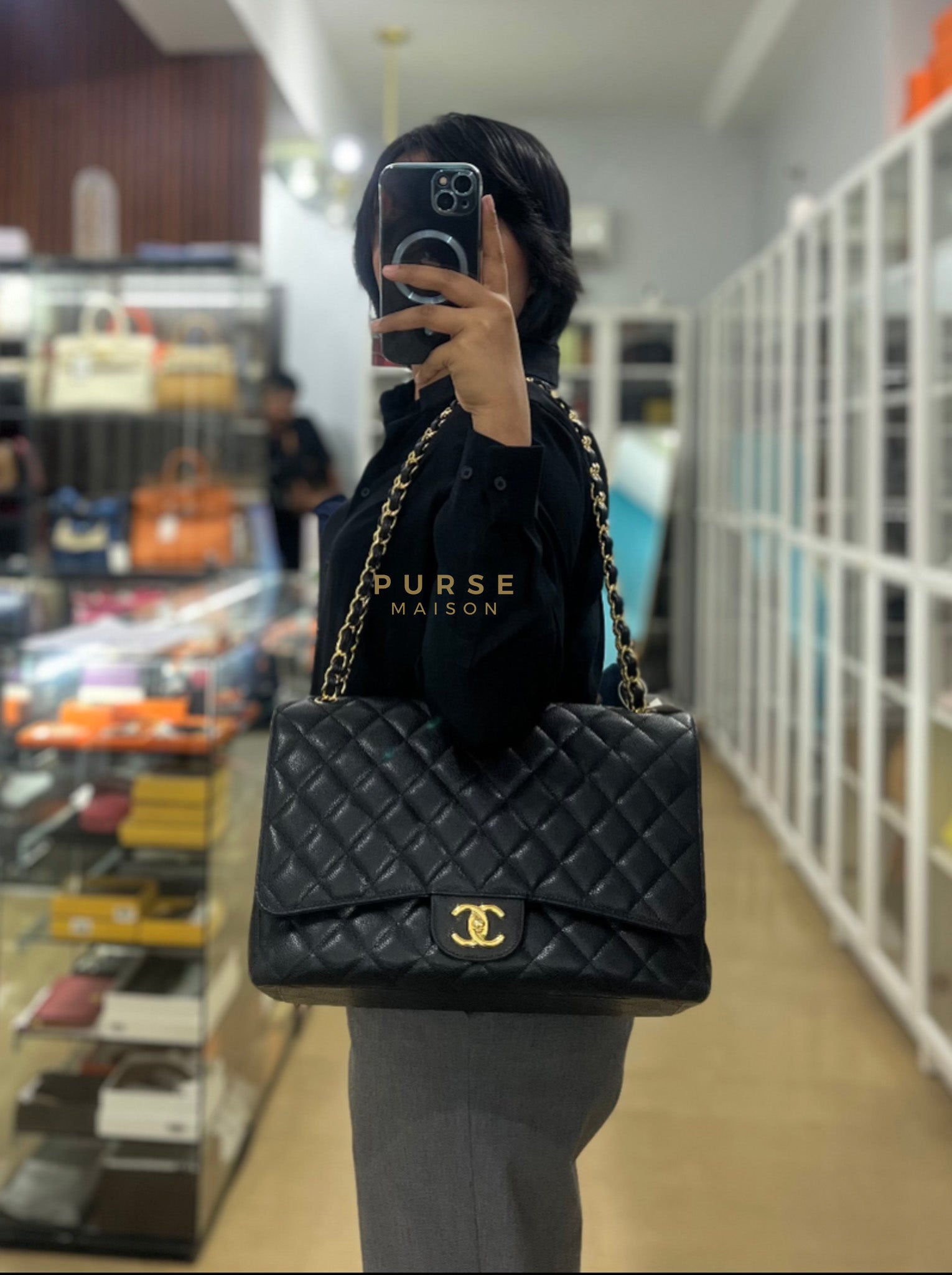Classic Double Flap Maxi in Black Caviar Leather & Gold Hardware (Series 19) | Purse Maison Luxury Bags Shop