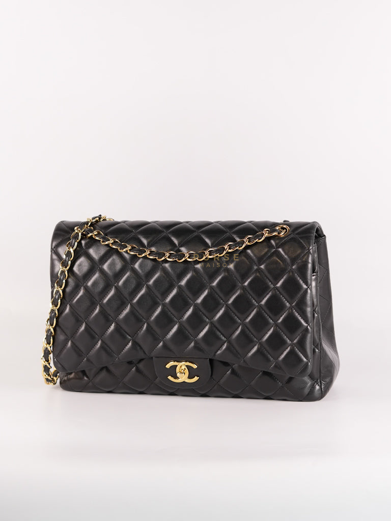 Classic Double Flap Maxi in Black Lambskin Leather and Gold Hardware Series 14 | Purse Maison Luxury Bags Shop