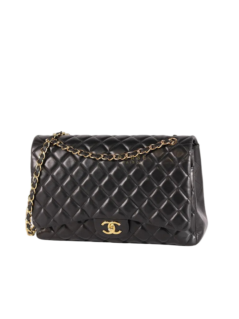 Classic Double Flap Maxi in Black Lambskin Leather and Gold Hardware Series 14 | Purse Maison Luxury Bags Shop