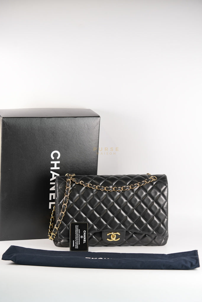 Classic Double Flap Maxi in Black Lambskin Leather and Gold Hardware Series 14 | Purse Maison Luxury Bags Shop