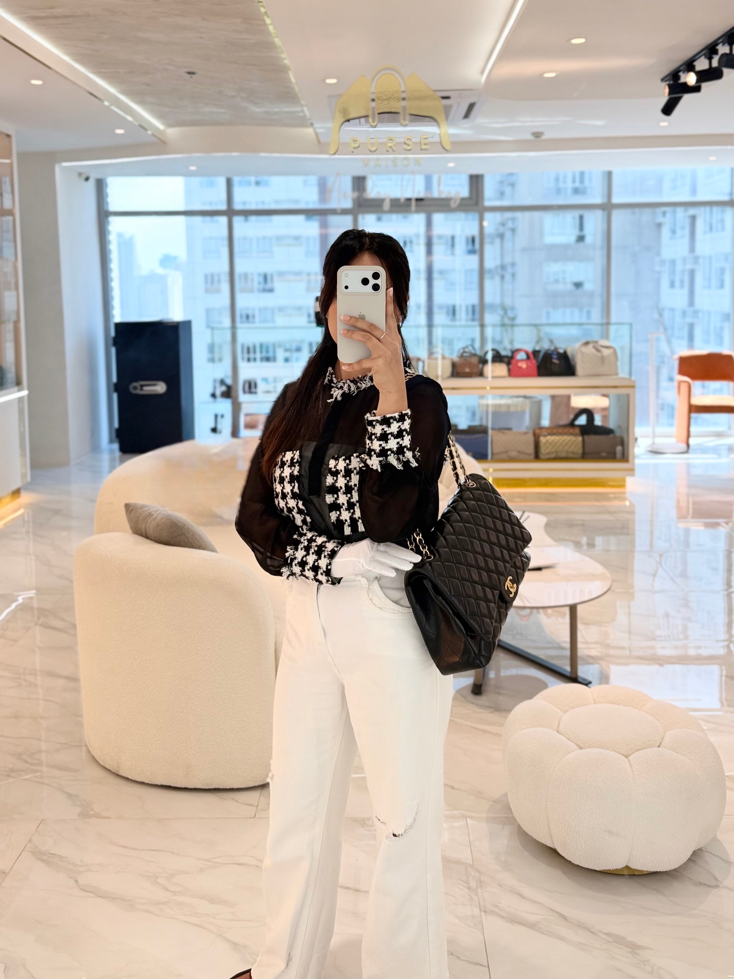 Classic Double Flap Maxi in Black Lambskin Leather and Gold Hardware Series 14 | Purse Maison Luxury Bags Shop