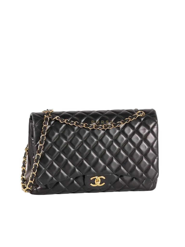 Classic Double Flap Maxi in Black Lambskin Leather and Gold Hardware Series 14 | Purse Maison Luxury Bags Shop