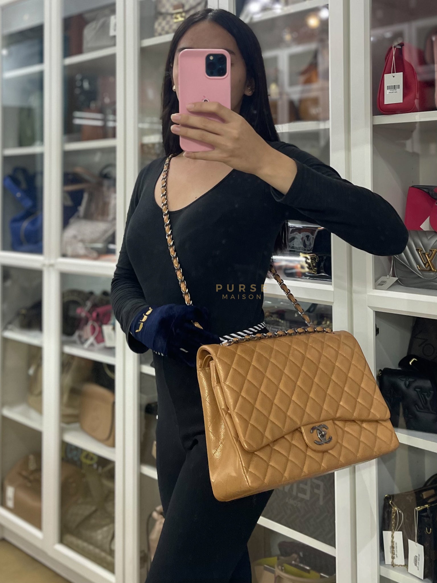 Classic Double Flap Maxi Metallic in Caviar Leather and Silver Hardware Series 14 | Purse Maison Luxury Bags Shop