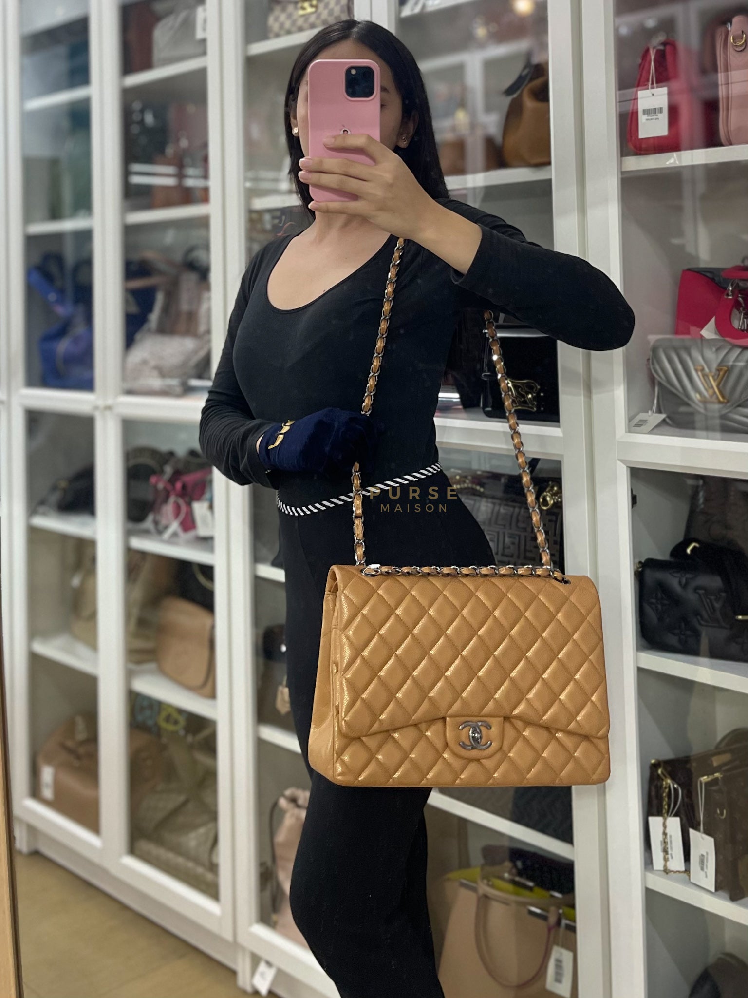 Classic Double Flap Maxi Metallic in Caviar Leather and Silver Hardware Series 14 | Purse Maison Luxury Bags Shop