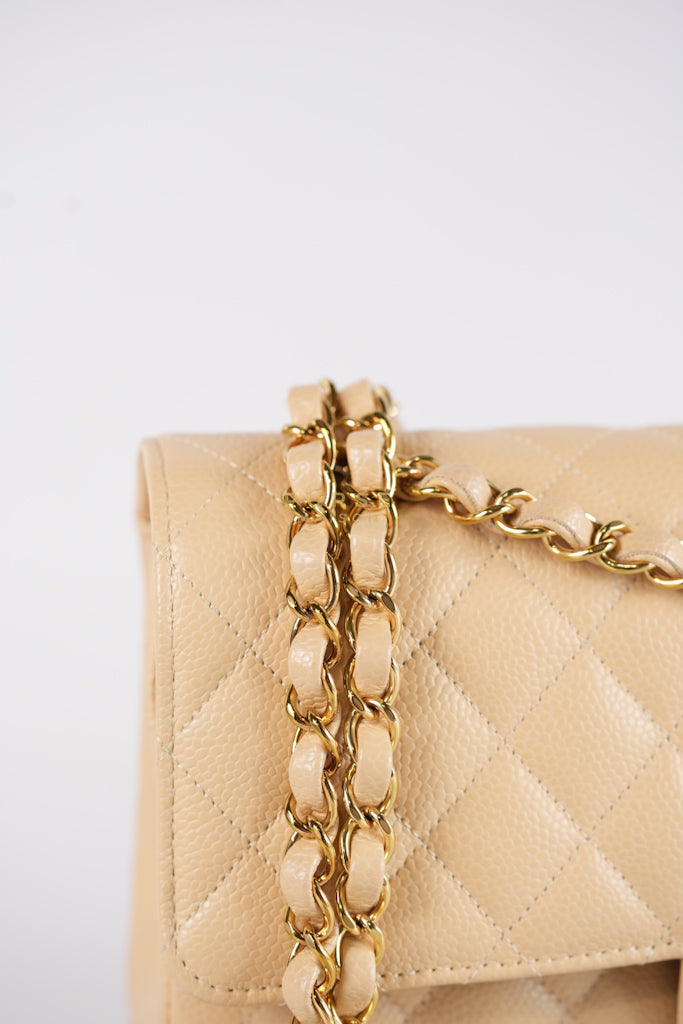 Classic Double Flap Medium Beige Clair in Caviar Leather and Gold Hardware (Microchip) | Purse Maison Luxury Bags Shop