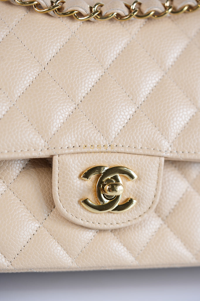 Classic Double Flap Medium Beige Clair in Caviar Leather and Gold Hardware (Microchip) | Purse Maison Luxury Bags Shop