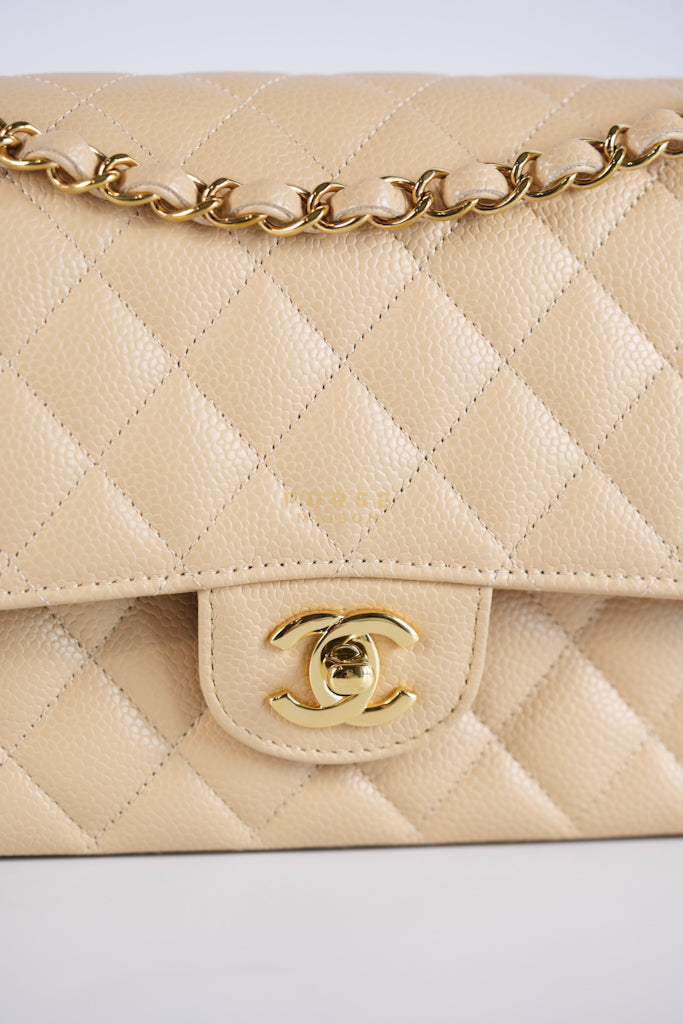Classic Double Flap Medium Beige Clair in Caviar Leather and Gold Hardware (Microchip) | Purse Maison Luxury Bags Shop