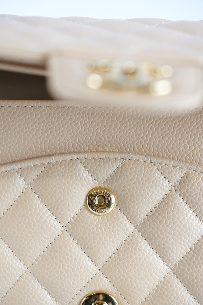 Classic Double Flap Medium Beige Clair in Caviar Leather and Gold Hardware (Microchip) | Purse Maison Luxury Bags Shop