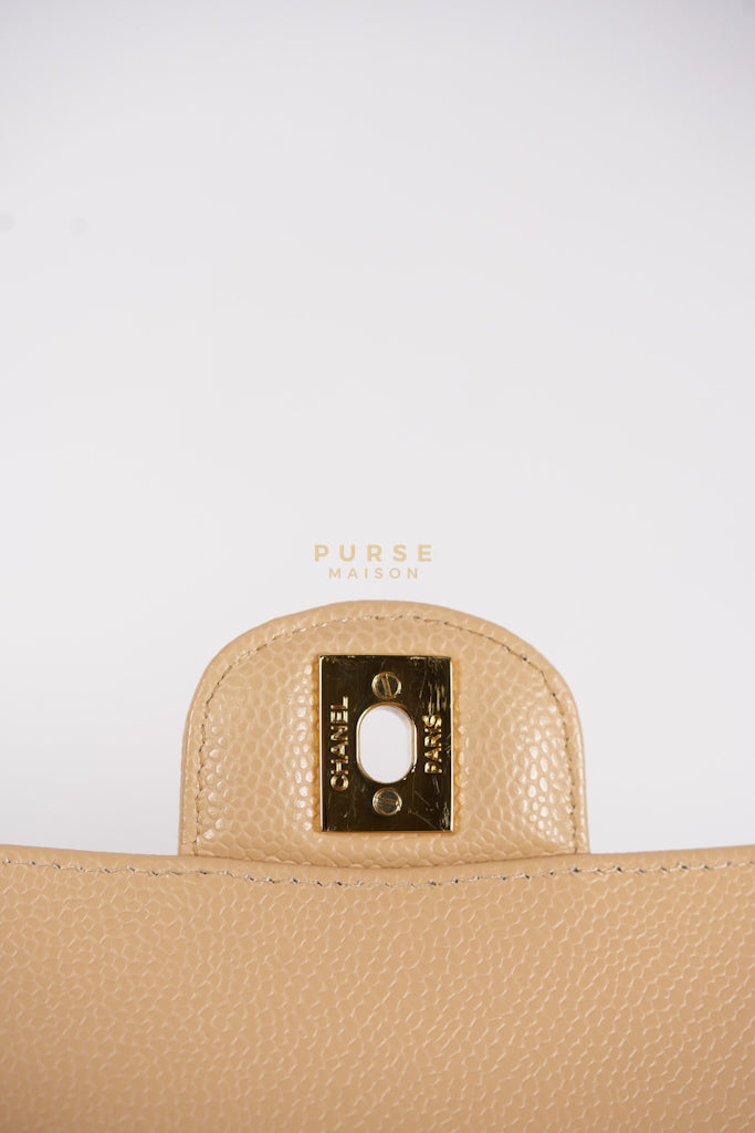 Classic Double Flap Medium Beige Clair in Caviar Leather and Gold Hardware (Microchip) | Purse Maison Luxury Bags Shop