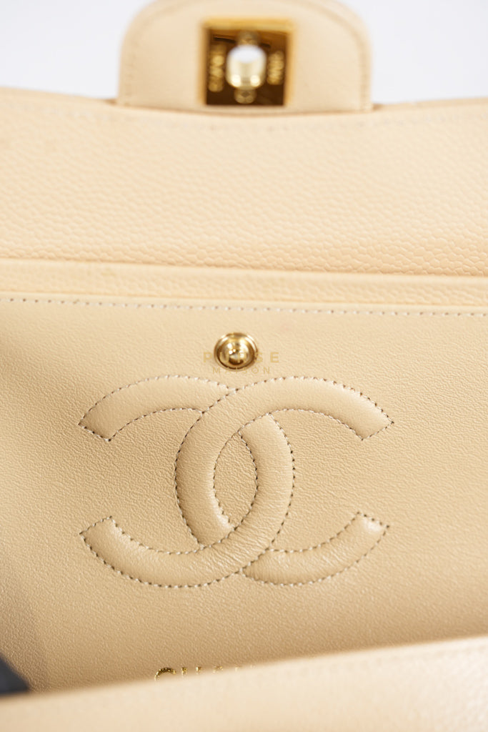 Classic Double Flap Medium Beige Clair in Caviar Leather and Gold Hardware (Microchip) | Purse Maison Luxury Bags Shop